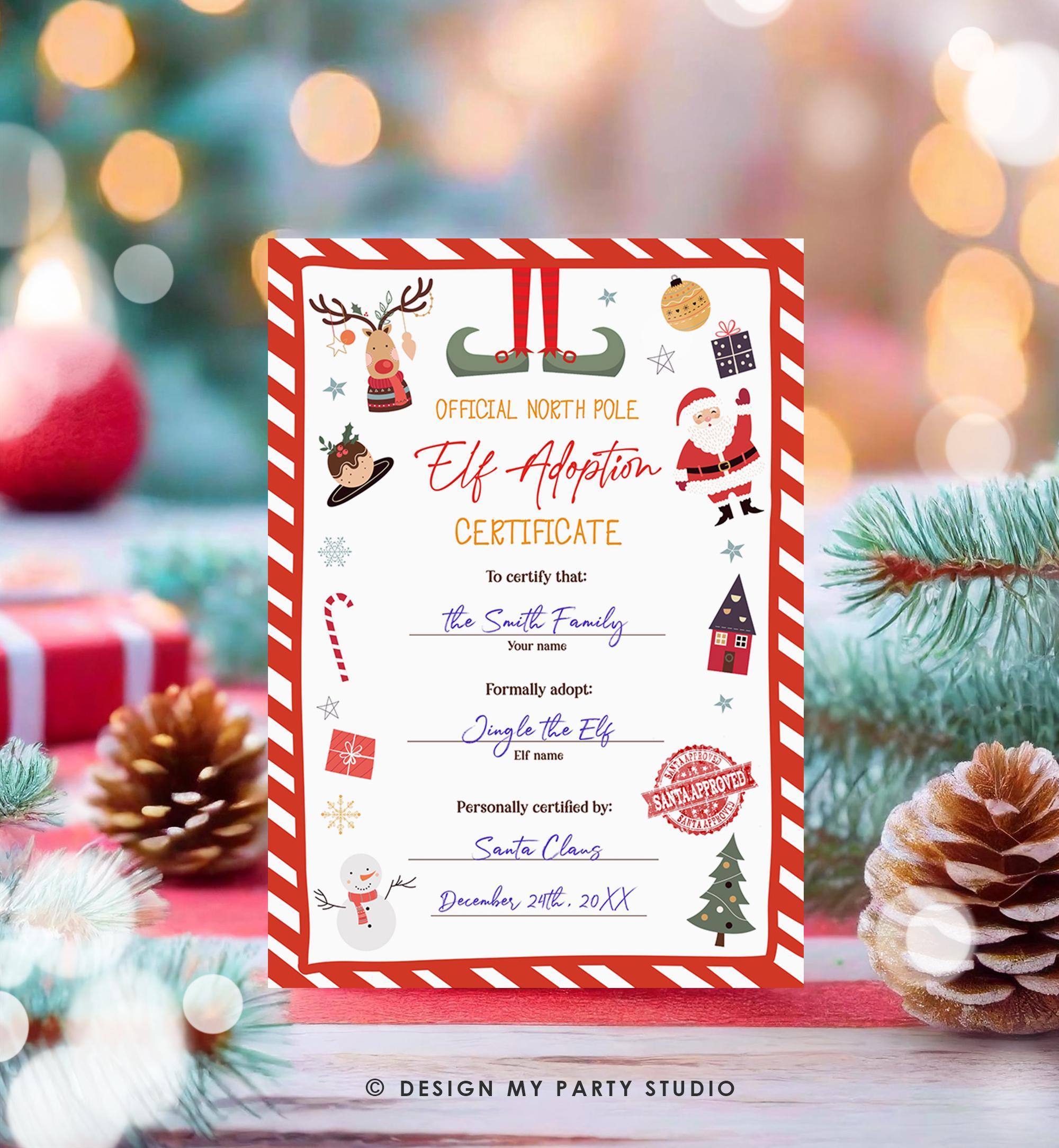 Editable Elf Adoption Certificate Adopt an Elf Letter Activity Christmas Elf Certificate Santa North Pole Digital Template Printable 0496