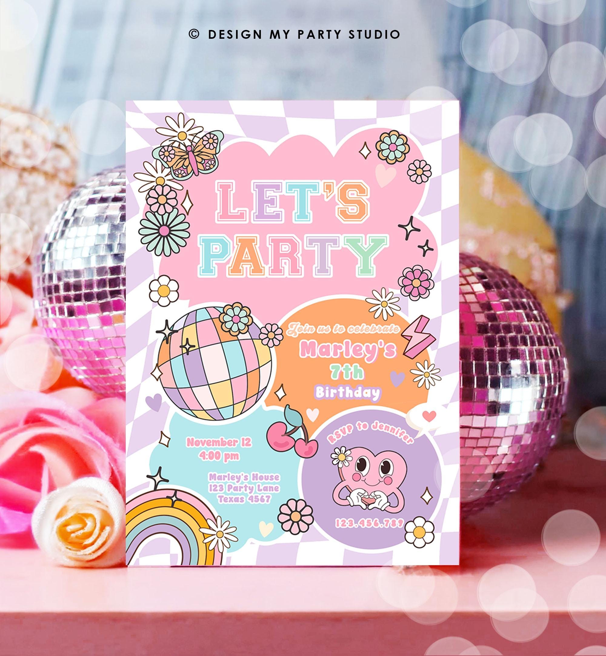 Editable Preppy Birthday Party Invitation Let's Party Birthday Varsity Fashion Tween Disco Teen Party Download Template Evite Digital 0524