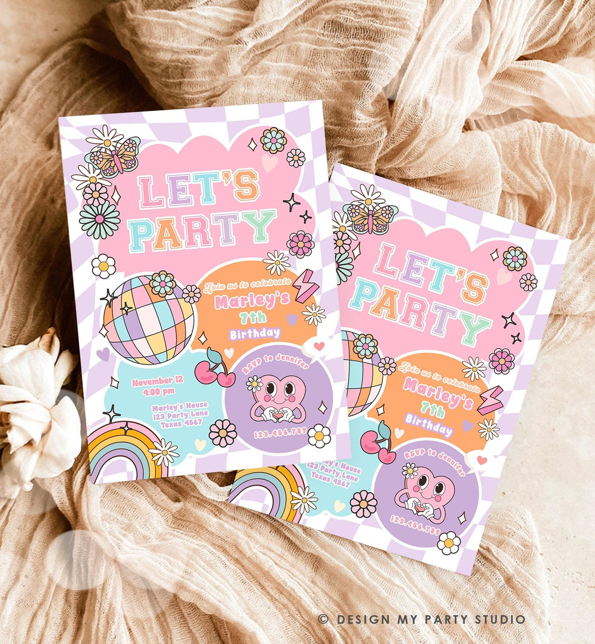 Editable Preppy Birthday Party Invitation Let&#39;s Party Birthday Varsity Fashion Tween Disco Teen Party Download Template Evite Digital 0524