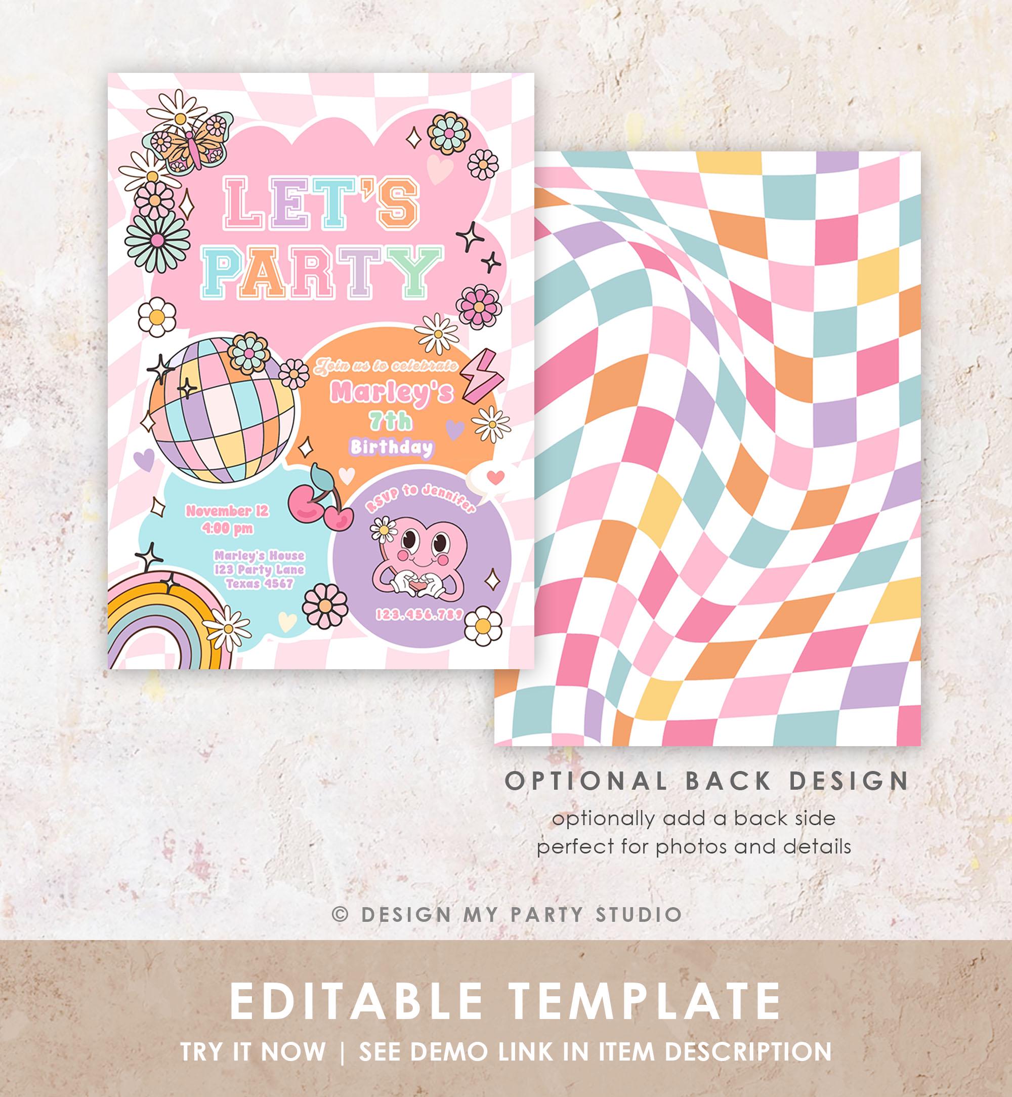 Editable Preppy Birthday Party Invitation Let's Party Birthday Varsity Fashion Tween Disco Teen Party Download Template Evite Digital 0524