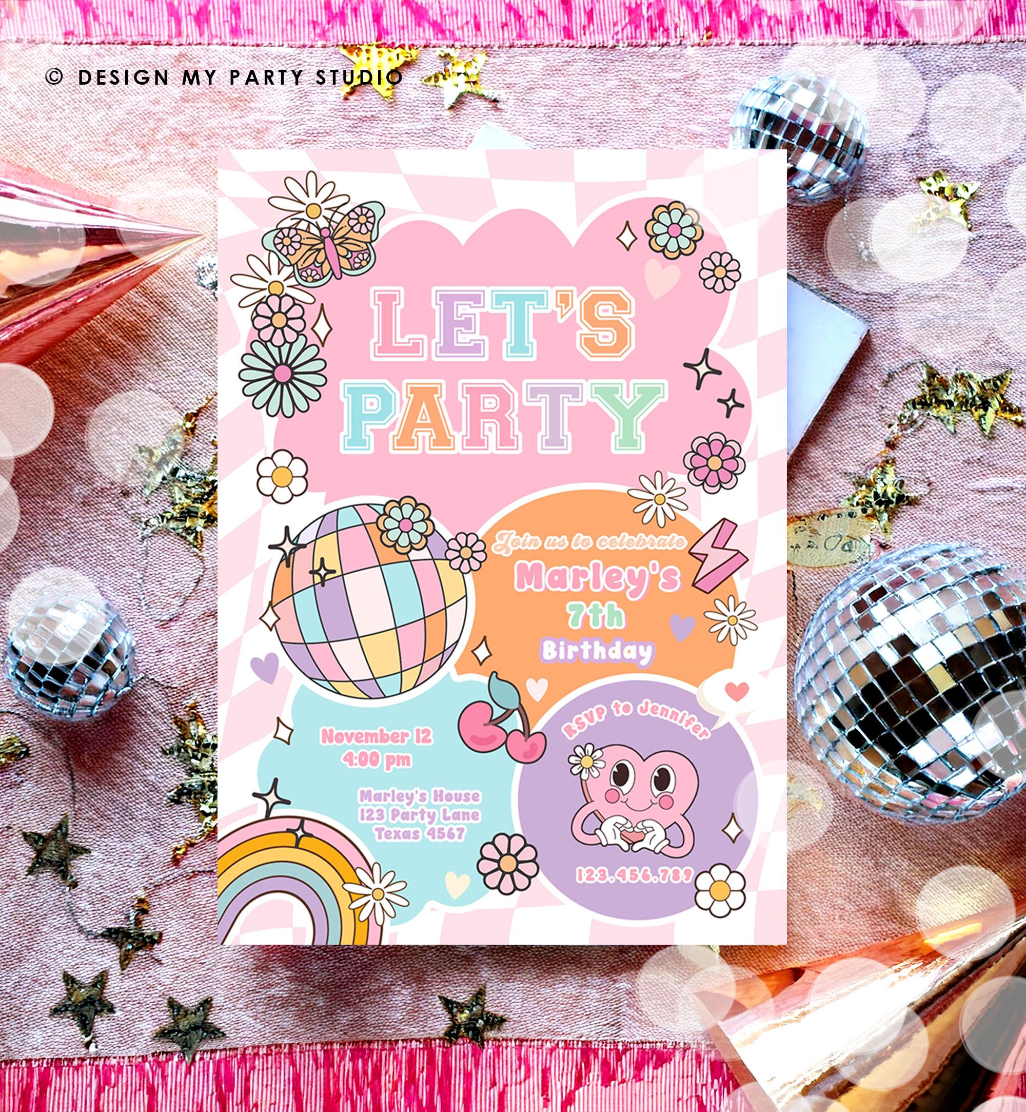 Editable Preppy Birthday Party Invitation Let's Party Birthday Varsity Fashion Tween Disco Teen Party Download Template Evite Digital 0524