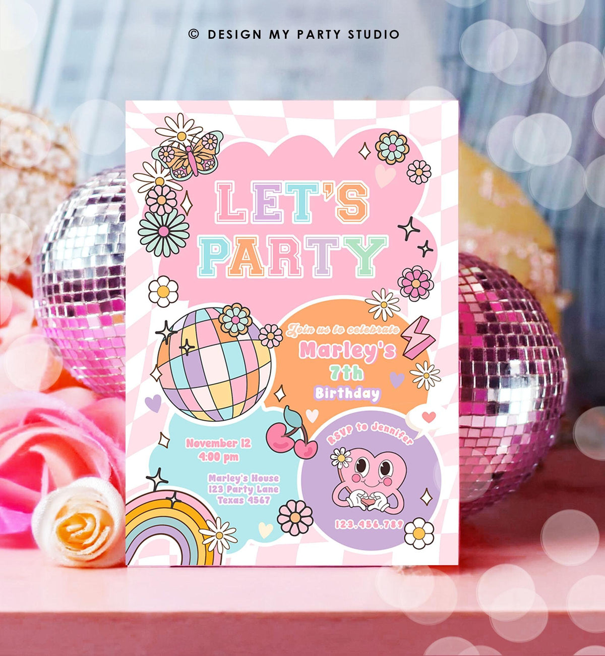 Editable Preppy Birthday Party Invitation Let&#39;s Party Birthday Varsity Fashion Tween Disco Teen Party Download Template Evite Digital 0524