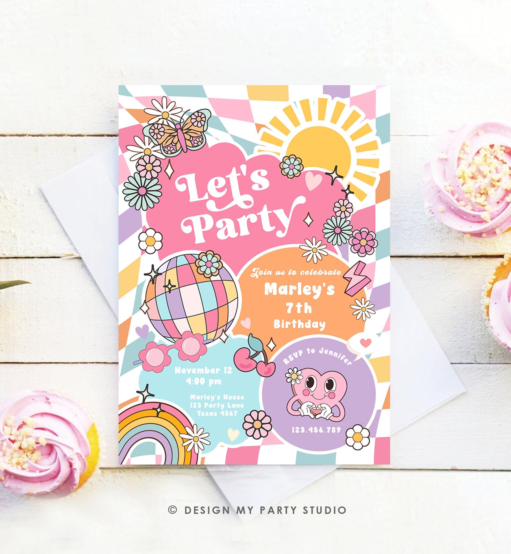 Editable Groovy Birthday Party Invitation Let's Party Birthday Hippie Retro Sunshine Preppy Varsity Download Template Evite Digital 0524