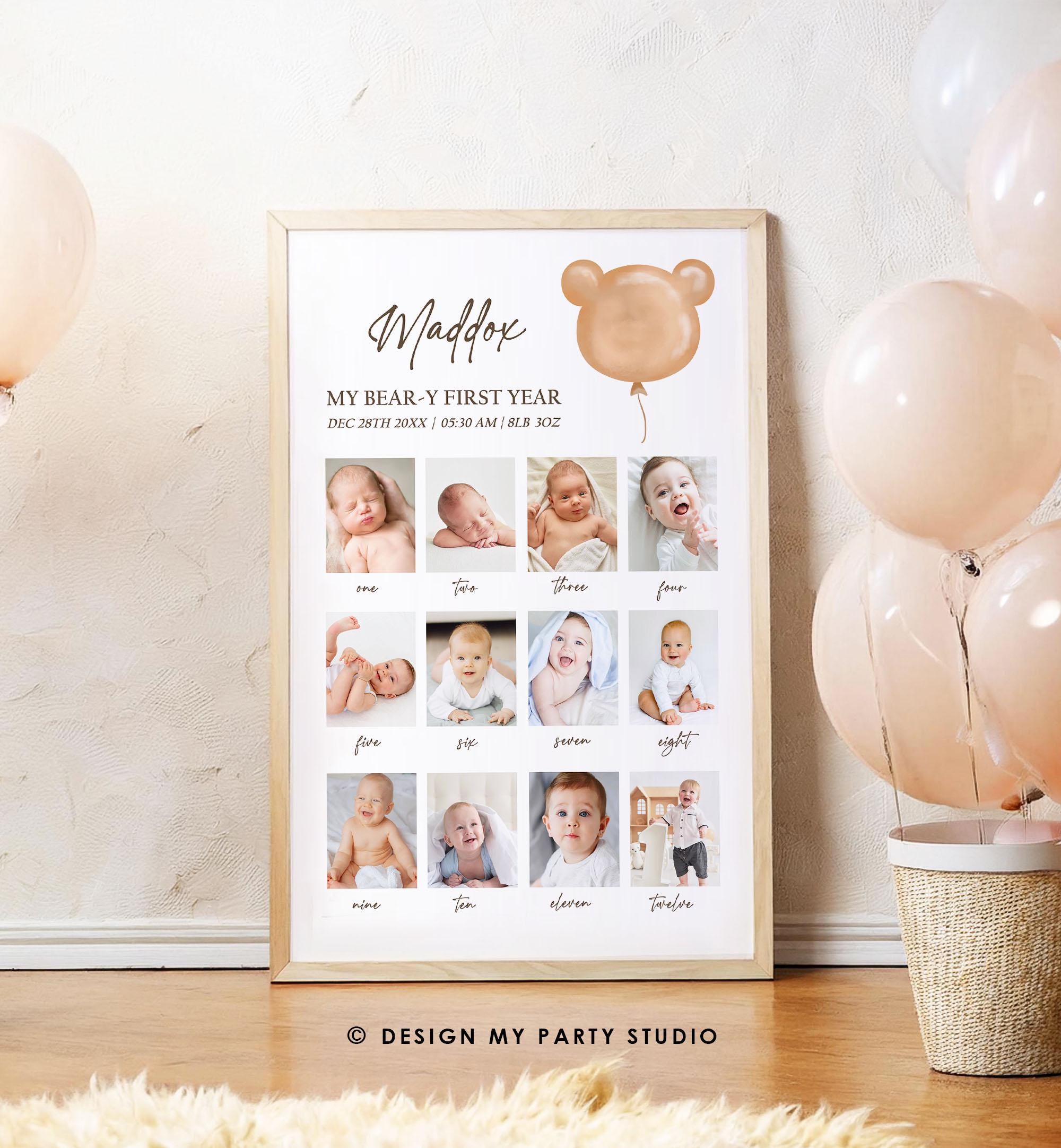 Editable Bear First Birthday Photo Board Banner Monthly Photo Sign Modern Bear 1st Birthday Poster Teddy Bear Template Printable 0439