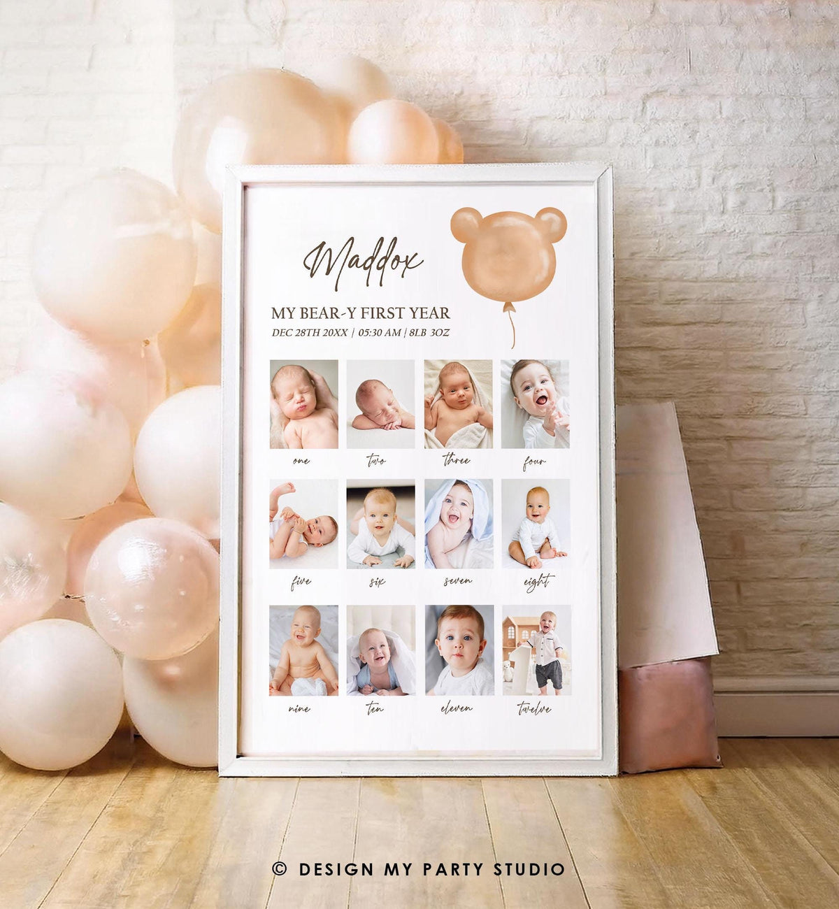 Editable Bear First Birthday Photo Board Banner Monthly Photo Sign Modern Bear 1st Birthday Poster Teddy Bear Template Printable 0439