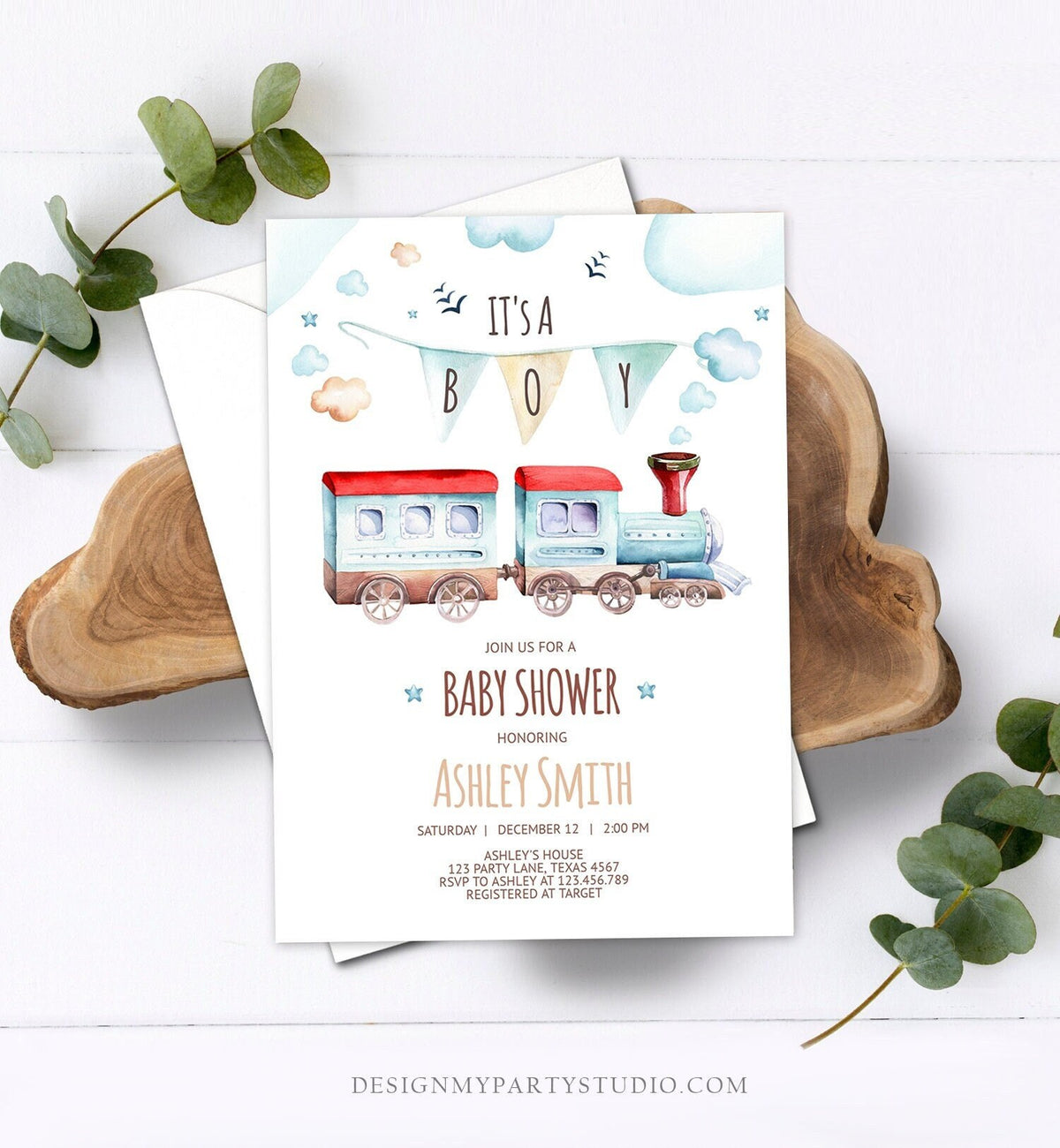 Editable Vintage Train Baby Shower Invitation Red Blue Vintage Chugga Chugga Choo Choo It&#39;s a Boy Clouds Stars Printable Template Corjl 0149