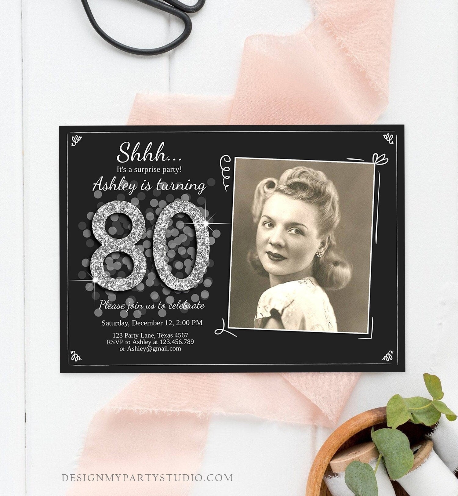 Editable ANY AGE Surprise Birthday Invitation Adult 80th Party Rustic Black Silver Glitter Photo Download Printable Corjl Template 0103