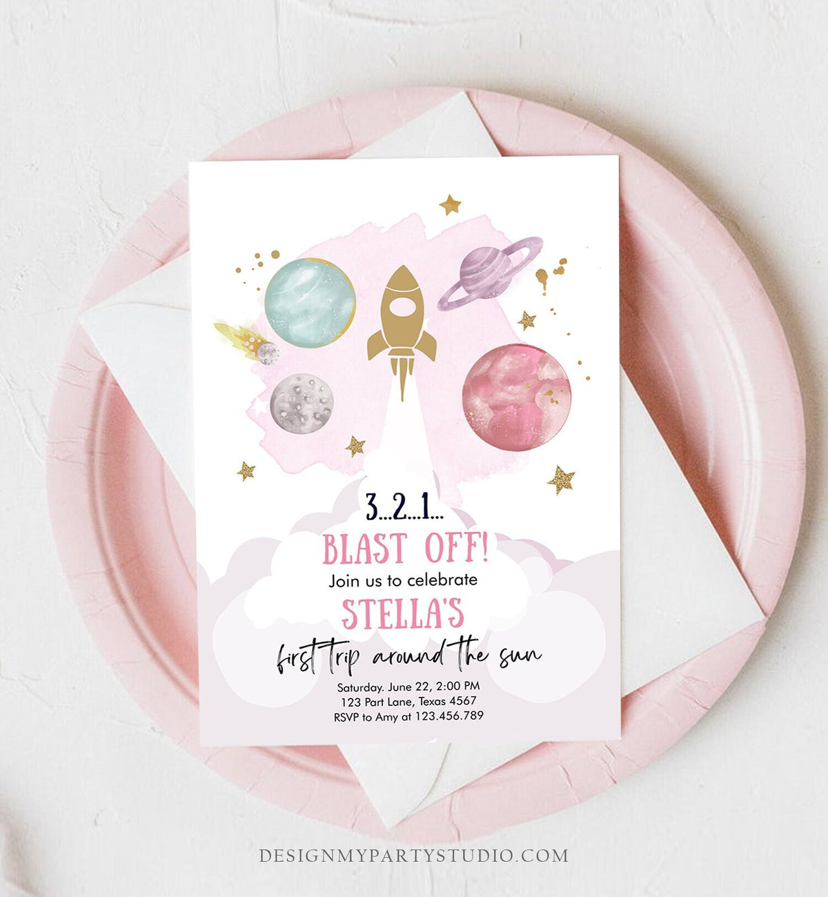 Editable Outer Space Girl First Birthday Invitation Galaxy Blast Off First Trip Space Rocket Pink Download Printable Template Corjl 0357