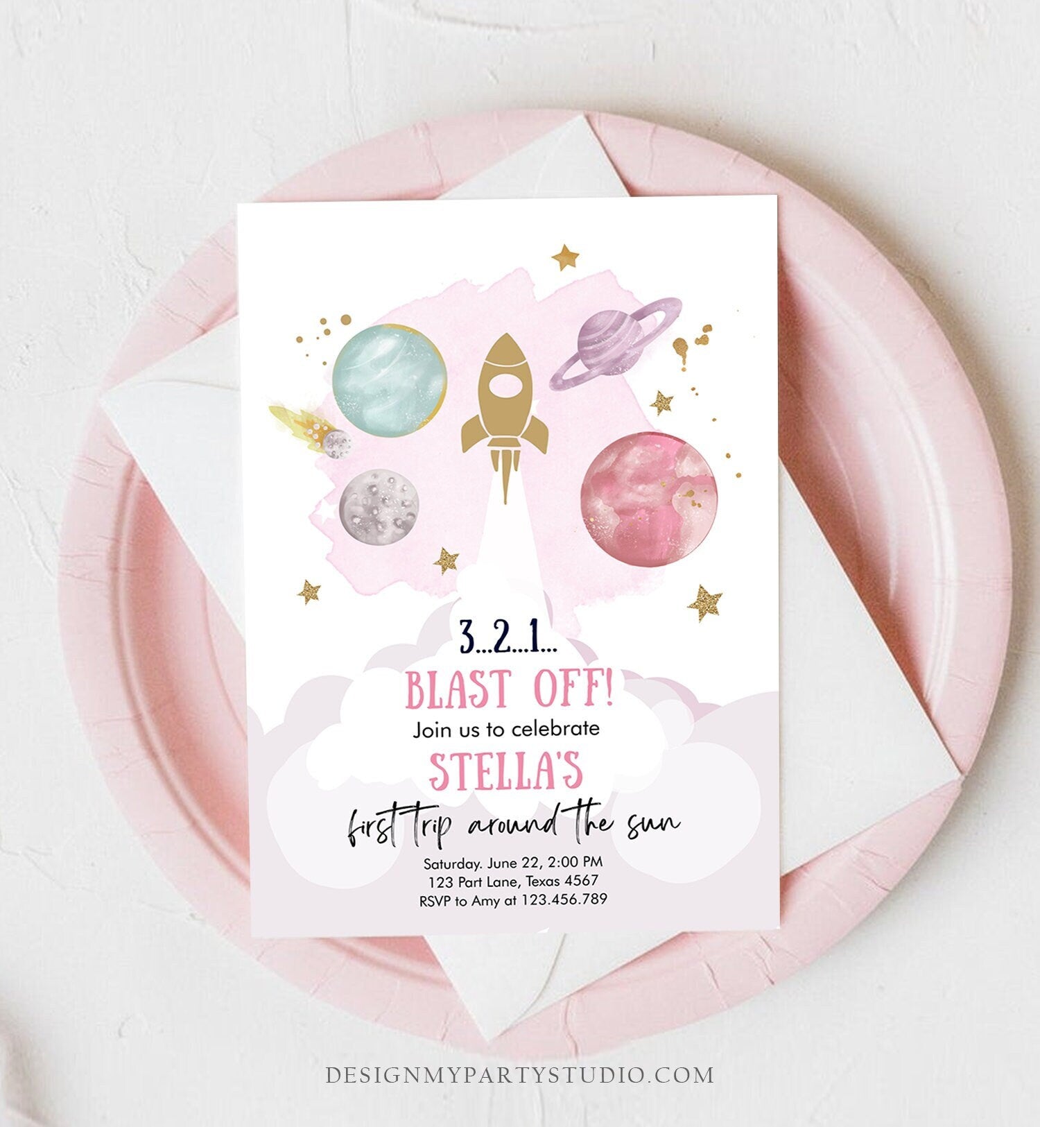 Editable Outer Space Girl First Birthday Invitation Galaxy Blast Off First Trip Space Rocket Pink Download Printable Template Corjl 0357