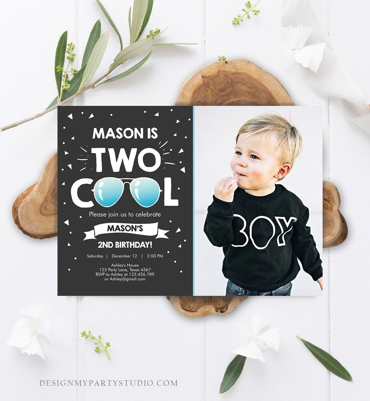 Editable Two Cool Birthday Invitation Boy Second Birthday Party 2nd I&#39;m Two Cool Pilot Sunglasses Chalk Photo Printable Corjl Template 0136