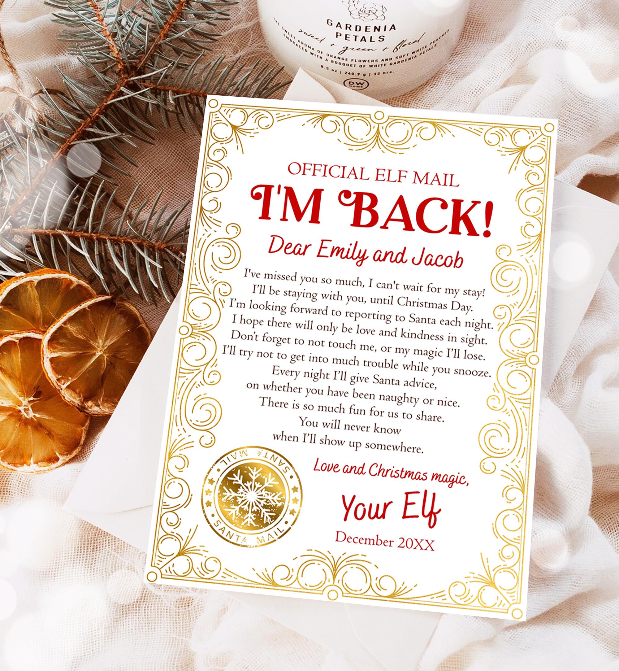 Editable Elf Arrival Letter Return Letter Christmas Elf I'm Back Elf Welcome Xmas Elf Letter From Your Elf Official Printable Template 0523