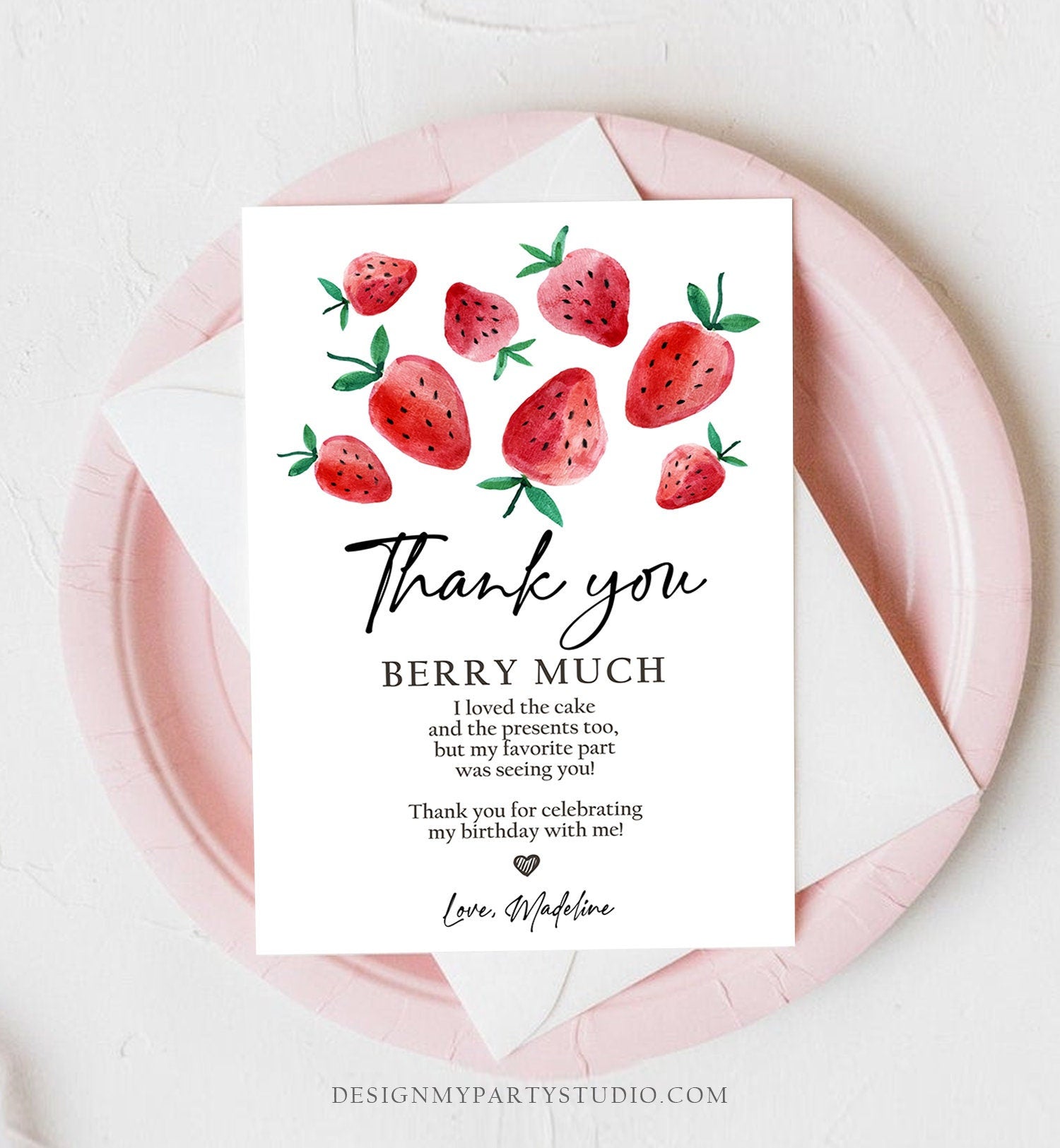 Editable Strawberry Thank You Card Strawberry Birthday First Berry Much Farmers Market Strawberries Download Printable Template Corjl 0399