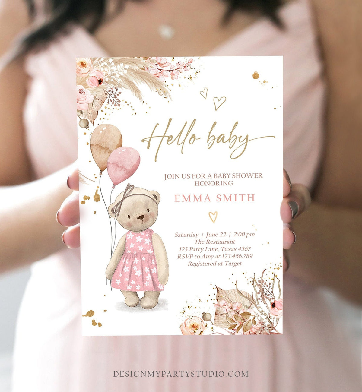 Editable Boho Teddy Bear Baby Shower Invitation We can Bearly Wait Girl Pink Bohemian Pampas Grass Cute Template Instant Download Corjl 0421