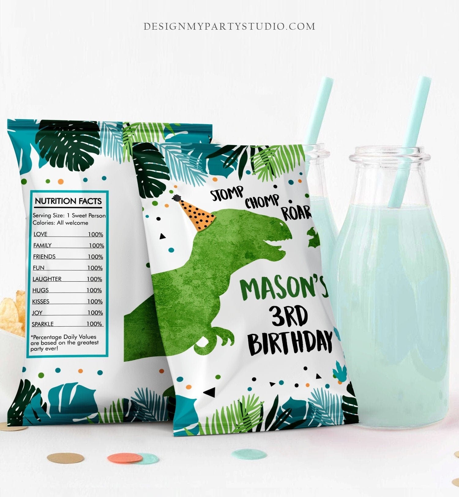 Editable Dinosaur Chip Bag Dino T-Rex Party Decor Boy Dino Birthday Party Snack Favors Potatoes Green Printable Digital Corjl Template 0389