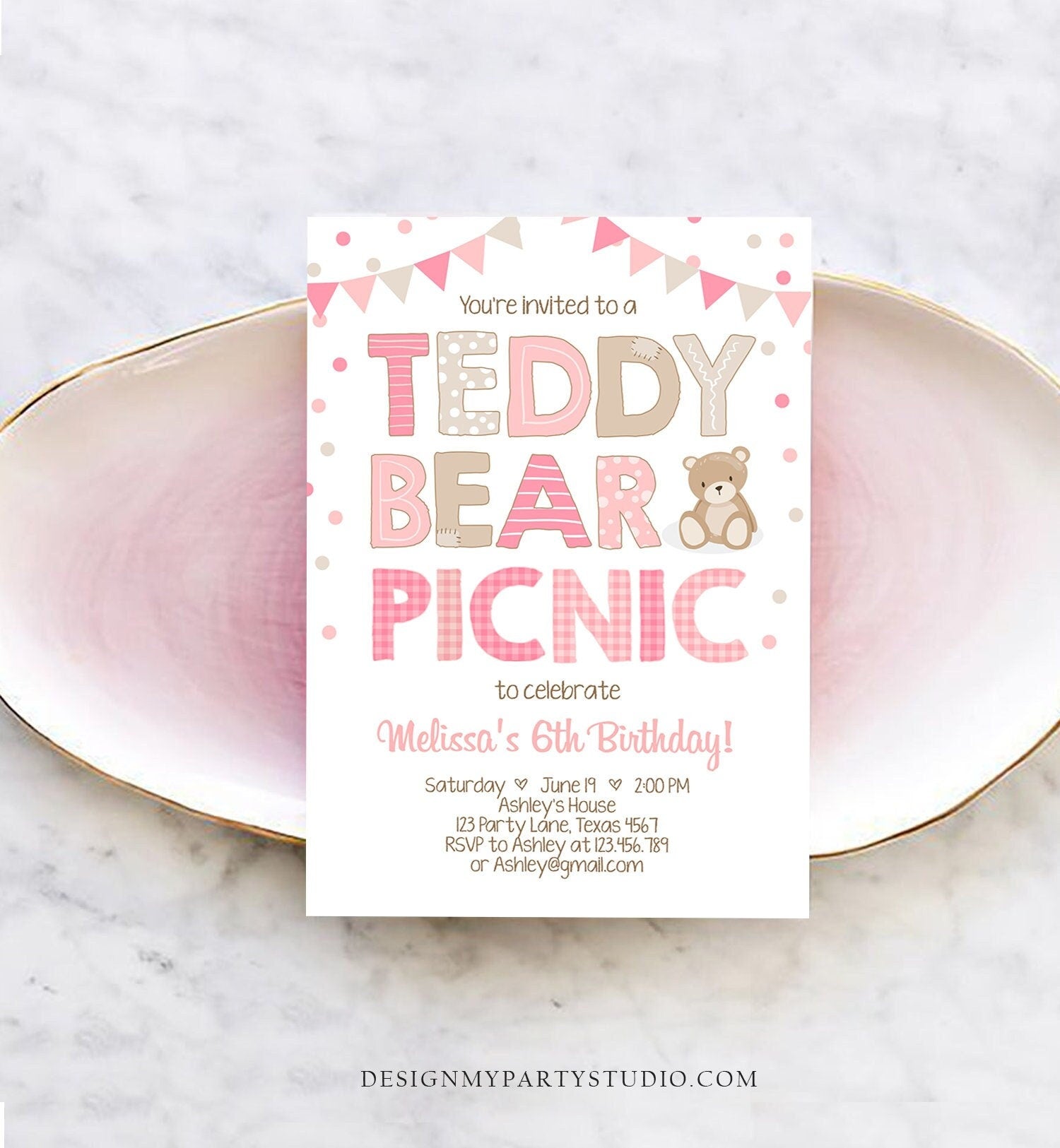 Editable Teddy Bear Picnic Birthday Invitation Girl Pink Bear Birthday Picnic Summer Outdoor Party Printable Digital Corjl Template 0100