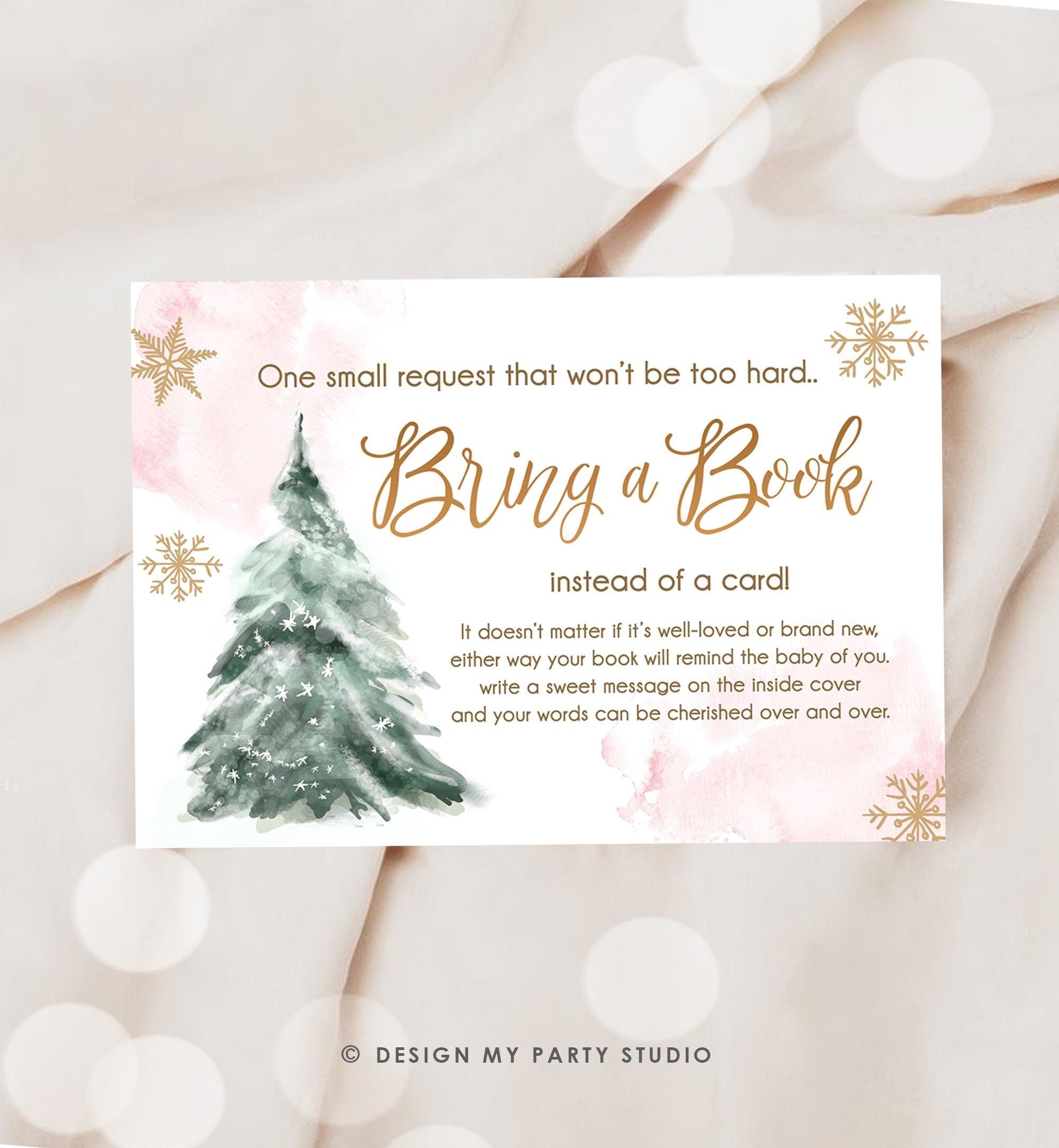 Editable Bring a Book Card Baby It's Cold Outside Baby Shower Winter Snow Pink Gold Watercolor Books Request Digital Template Printable 0363