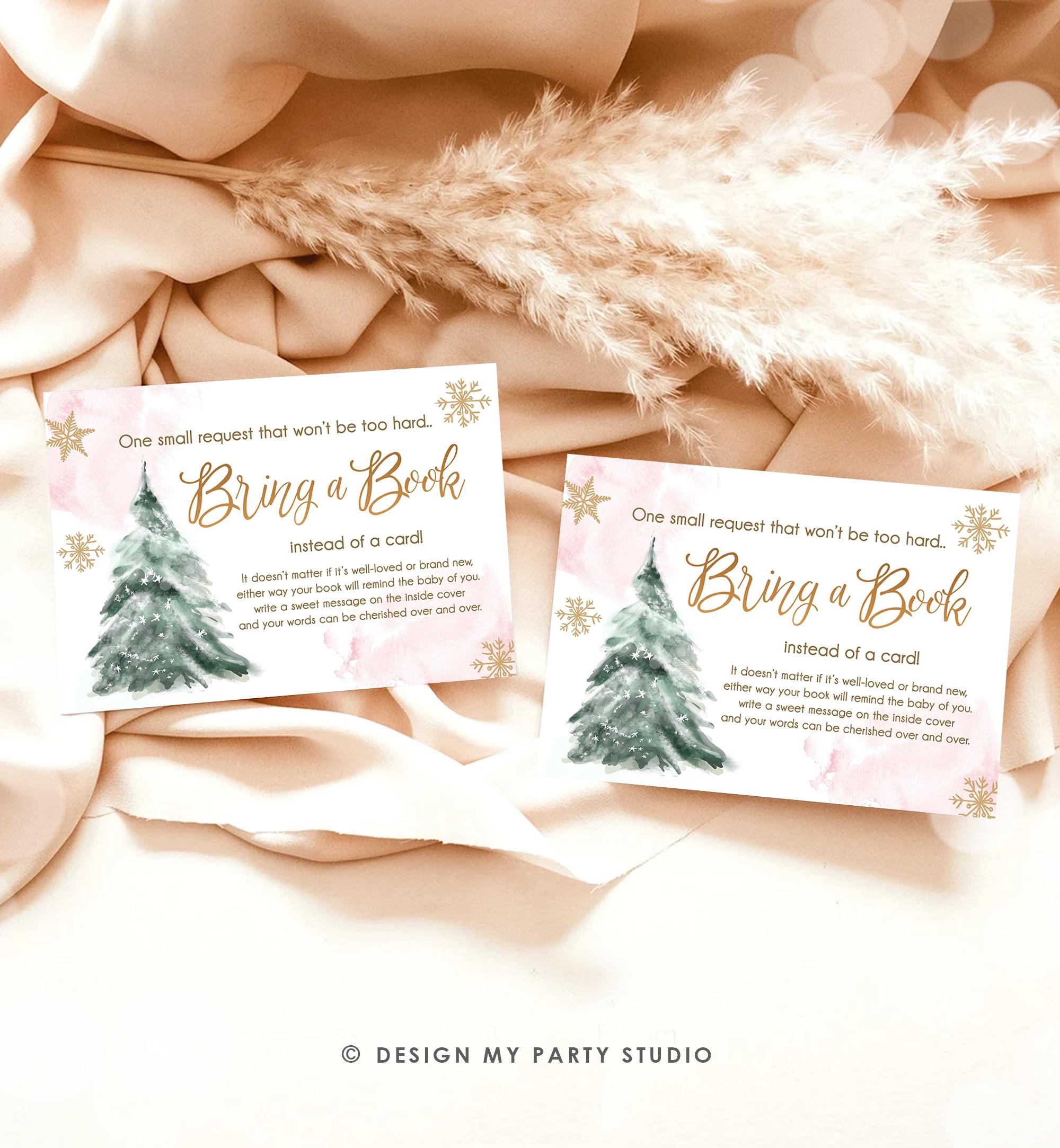 Editable Bring a Book Card Baby It's Cold Outside Baby Shower Winter Snow Pink Gold Watercolor Books Request Digital Template Printable 0363