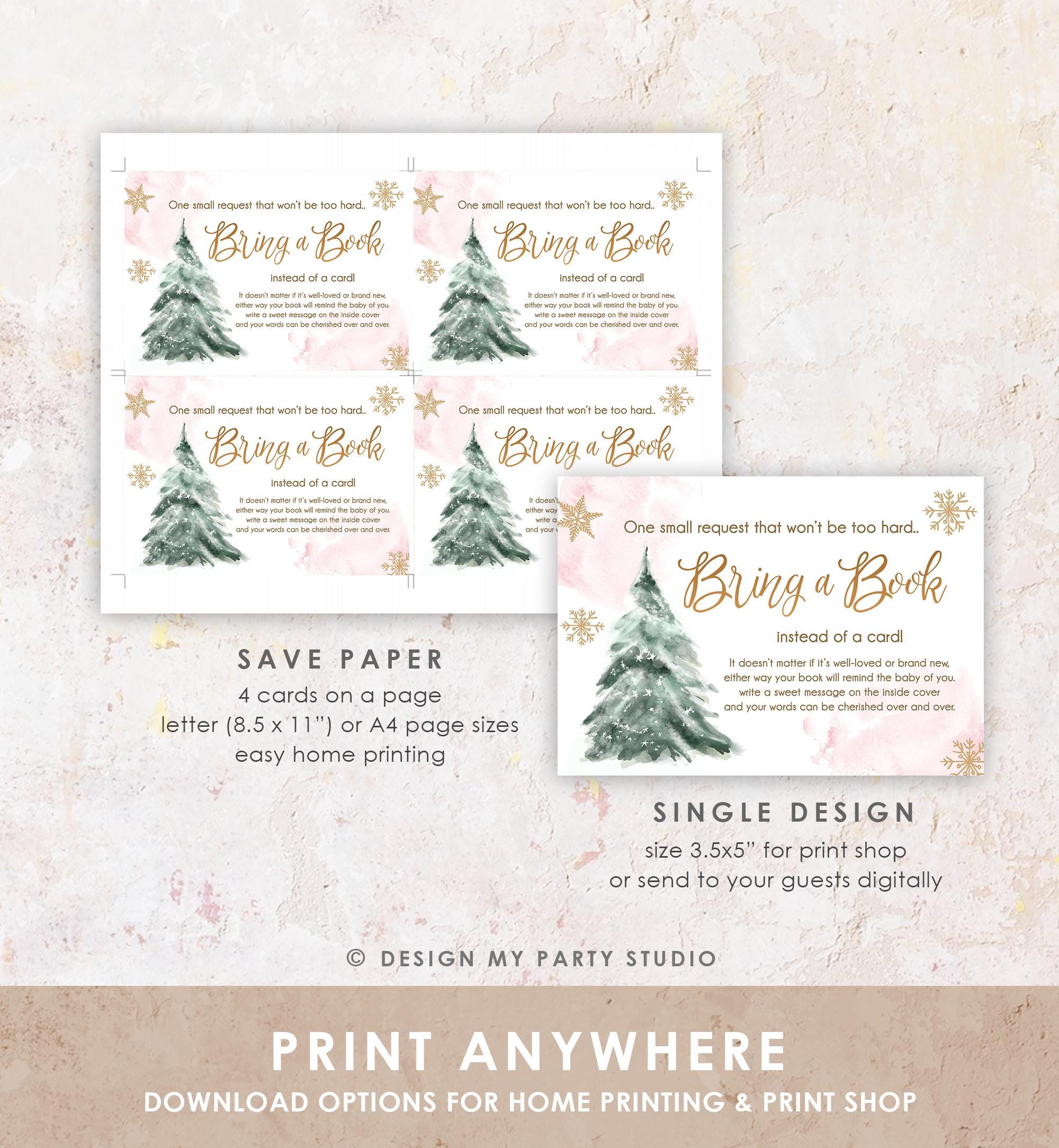 Editable Bring a Book Card Baby It's Cold Outside Baby Shower Winter Snow Pink Gold Watercolor Books Request Digital Template Printable 0363