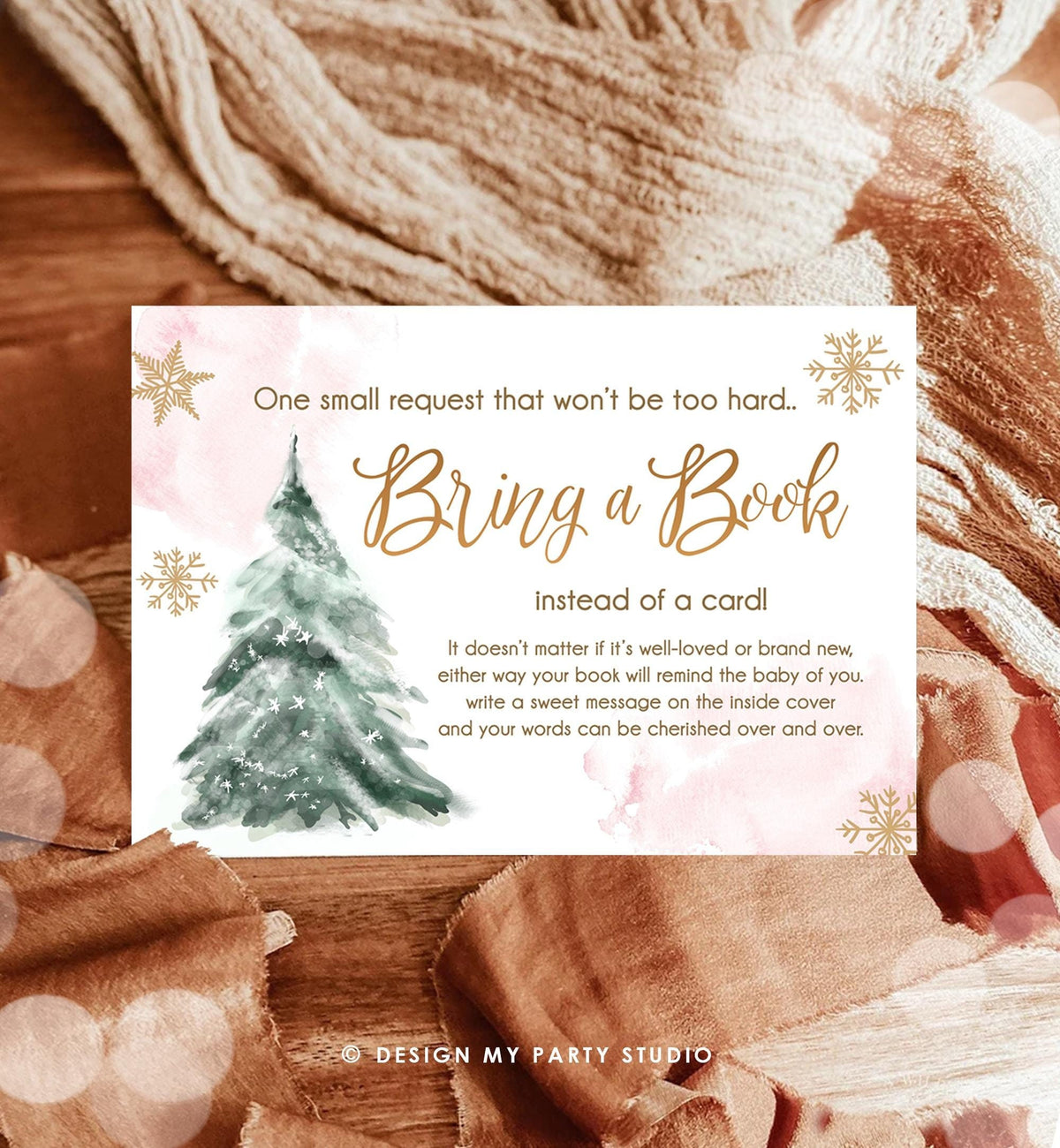 Editable Bring a Book Card Baby It&#39;s Cold Outside Baby Shower Winter Snow Pink Gold Watercolor Books Request Digital Template Printable 0363