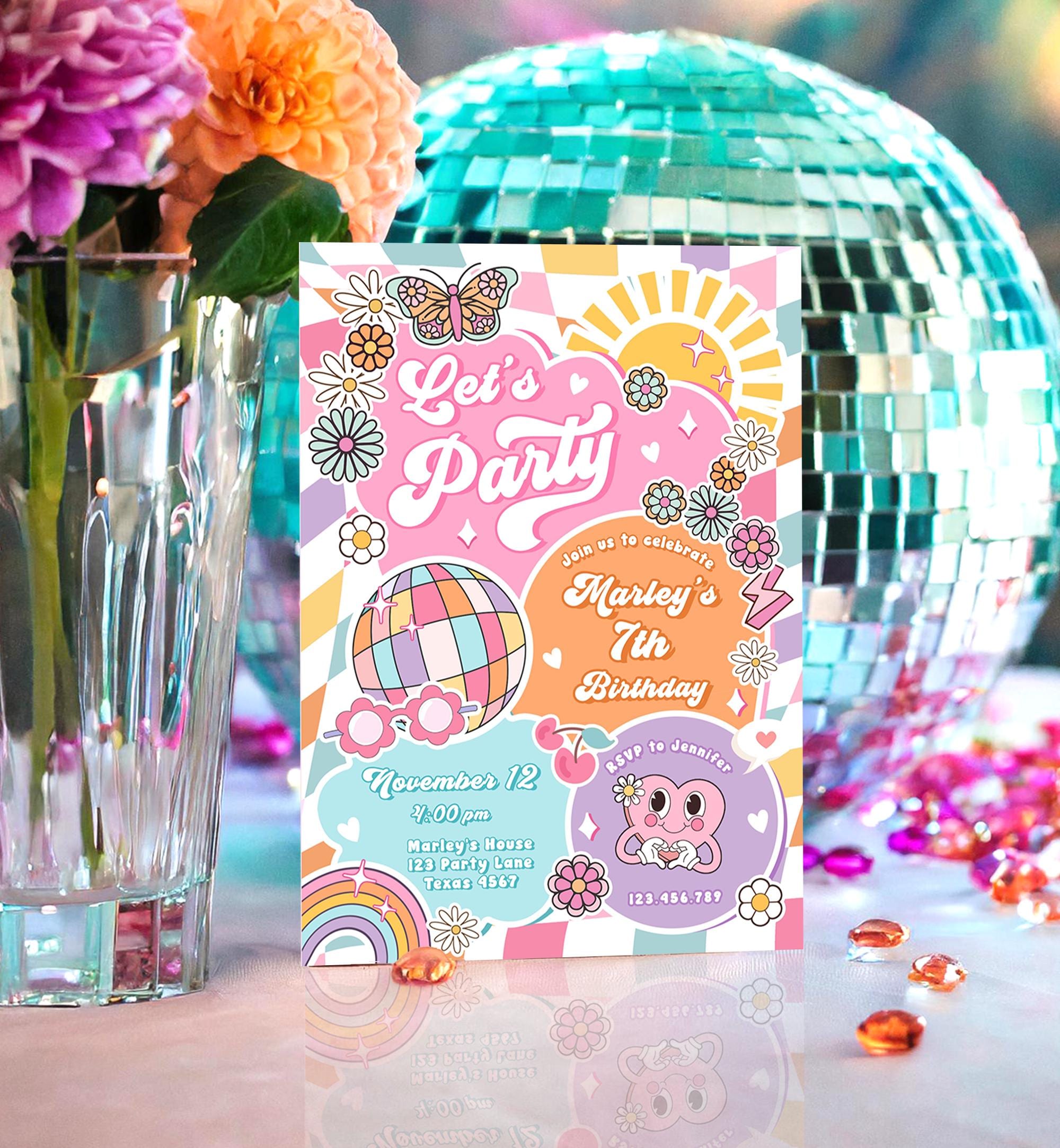 Editable Let's Party Groovy Birthday Party Invitation Retro Hippie Peace Sunshine Preppy Varsity Disco Digital Evite Template Printable 0524