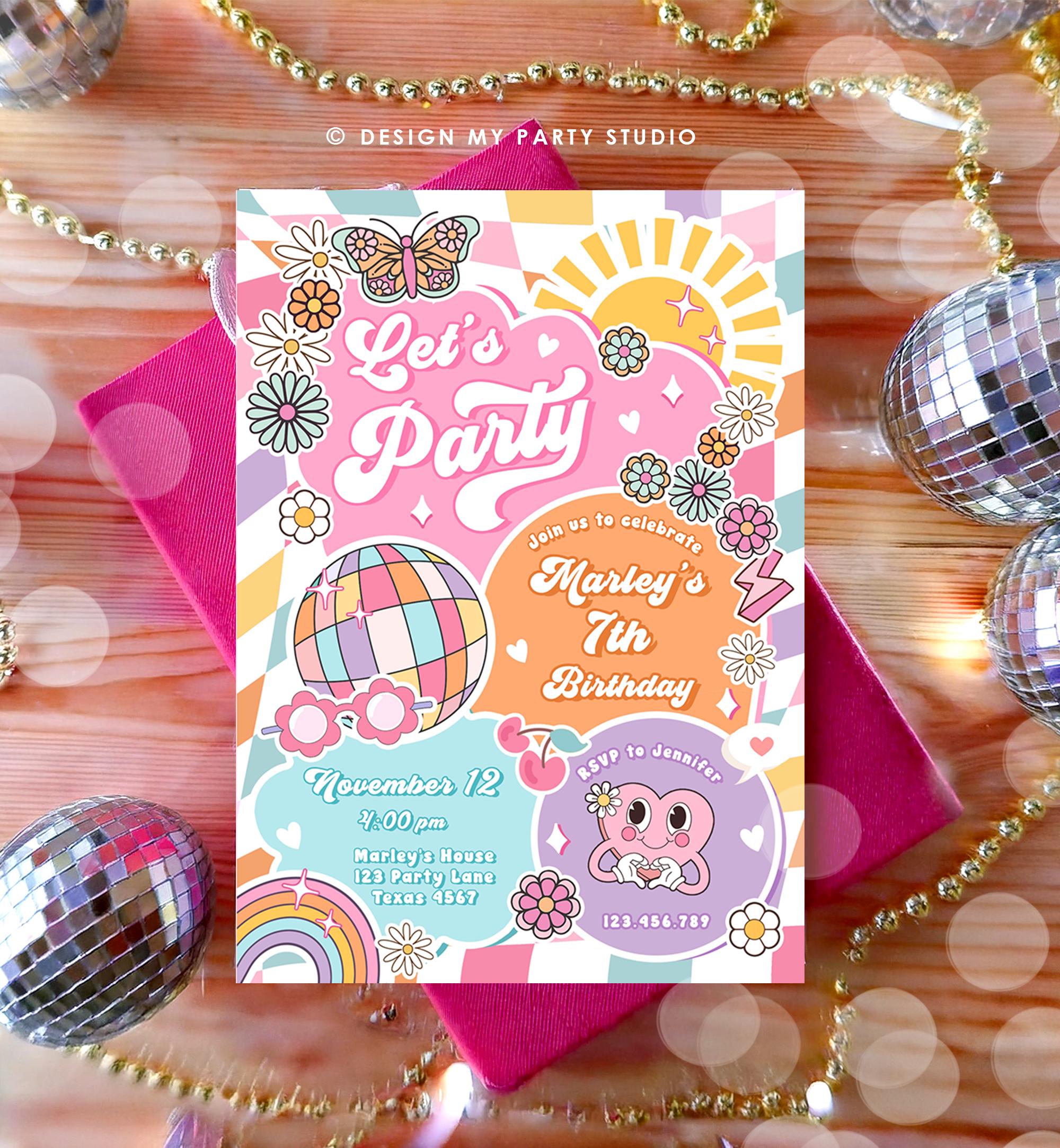 Editable Let's Party Groovy Birthday Party Invitation Retro Hippie Peace Sunshine Preppy Varsity Disco Digital Evite Template Printable 0524