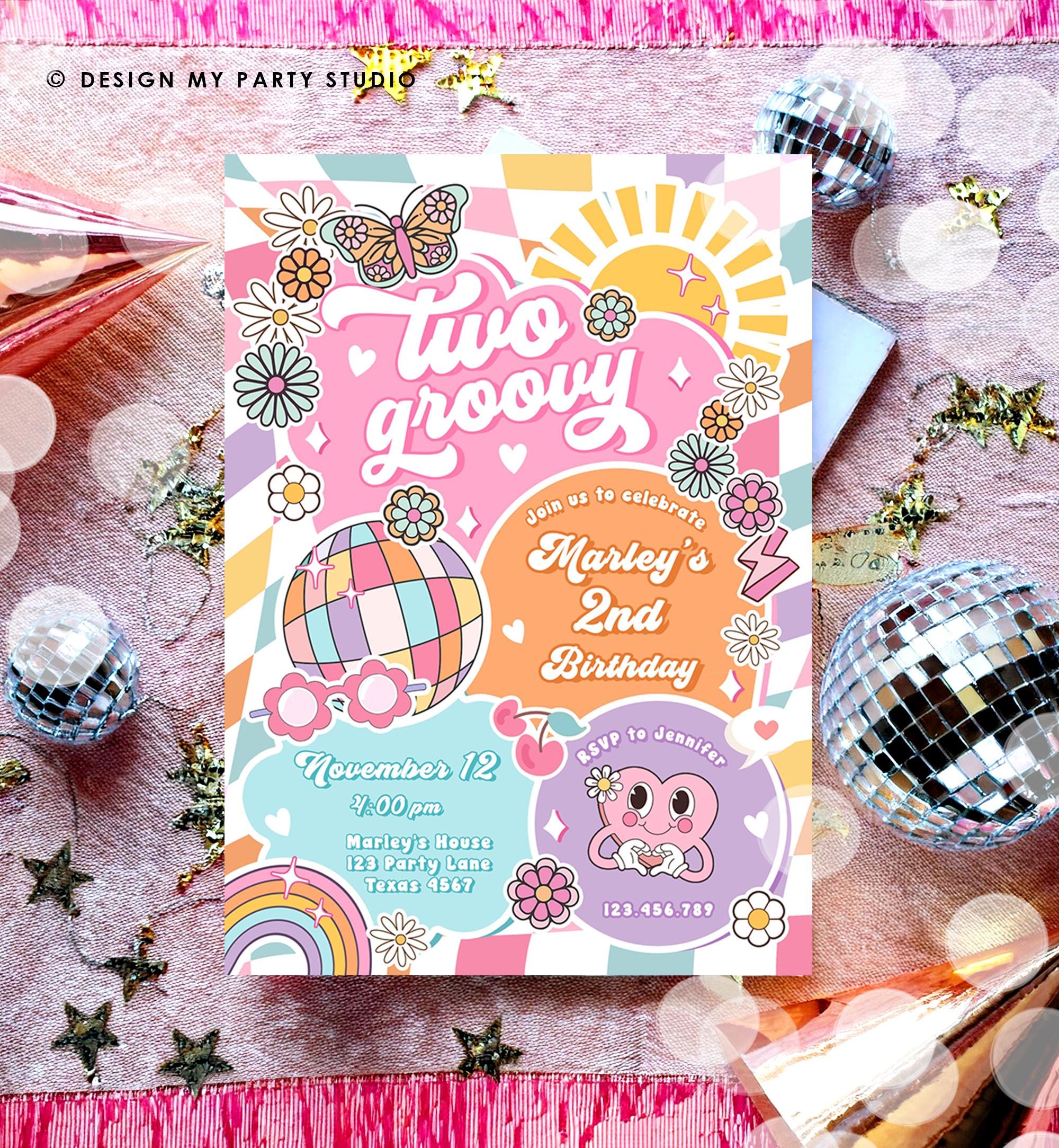 Editable Two Groovy 2nd Birthday Party Invitation Retro Hippie Peace Sunshine Preppy Varsity Disco Digital Evite Template Printable 0524