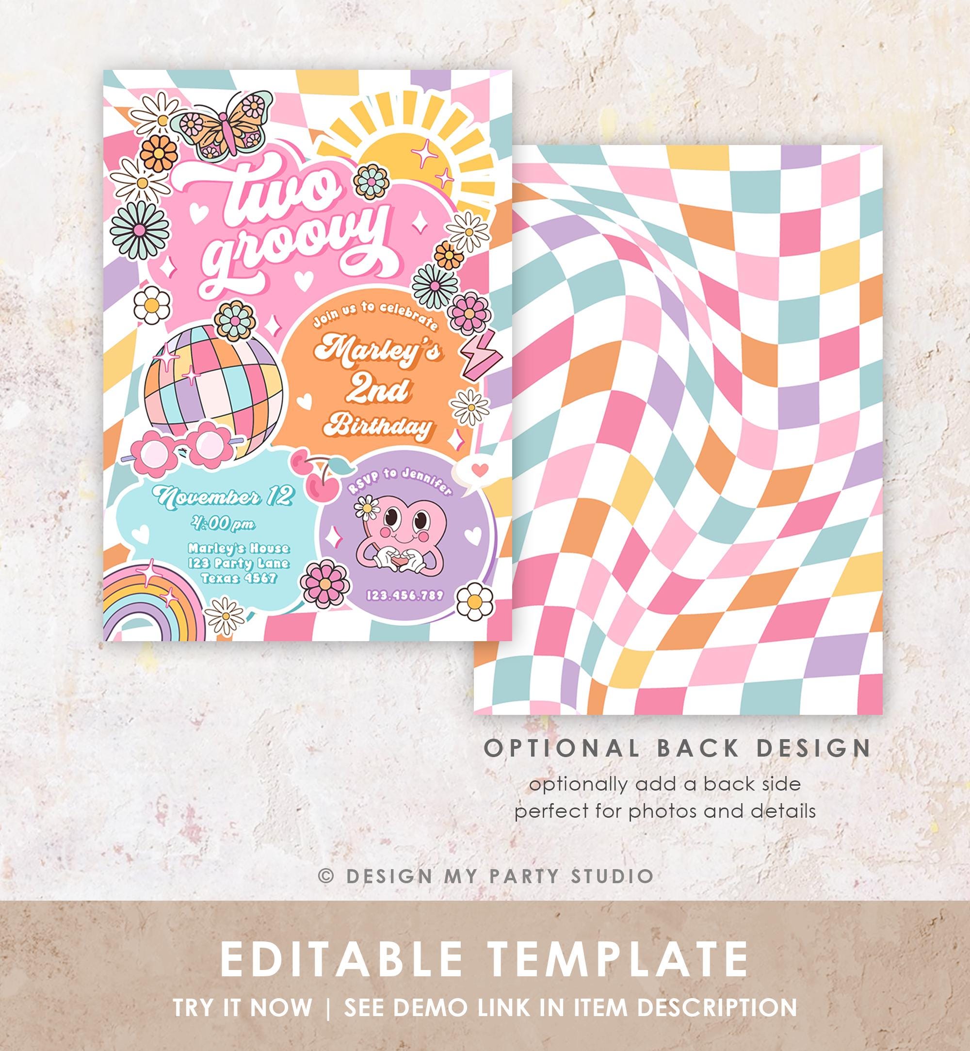 Editable Two Groovy 2nd Birthday Party Invitation Retro Hippie Peace Sunshine Preppy Varsity Disco Digital Evite Template Printable 0524