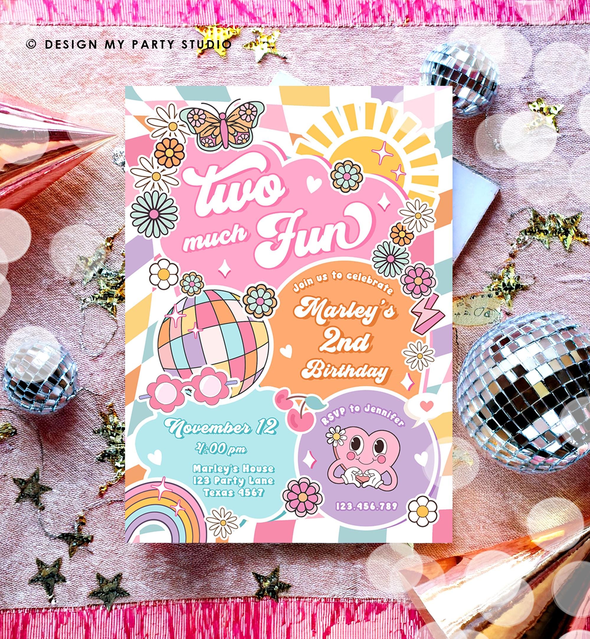 Editable Two Much Fun 2nd Birthday Party Invitation Groovy Hippie Peace Sunshine Preppy Varsity Disco Digital Evite Template Printable 0524