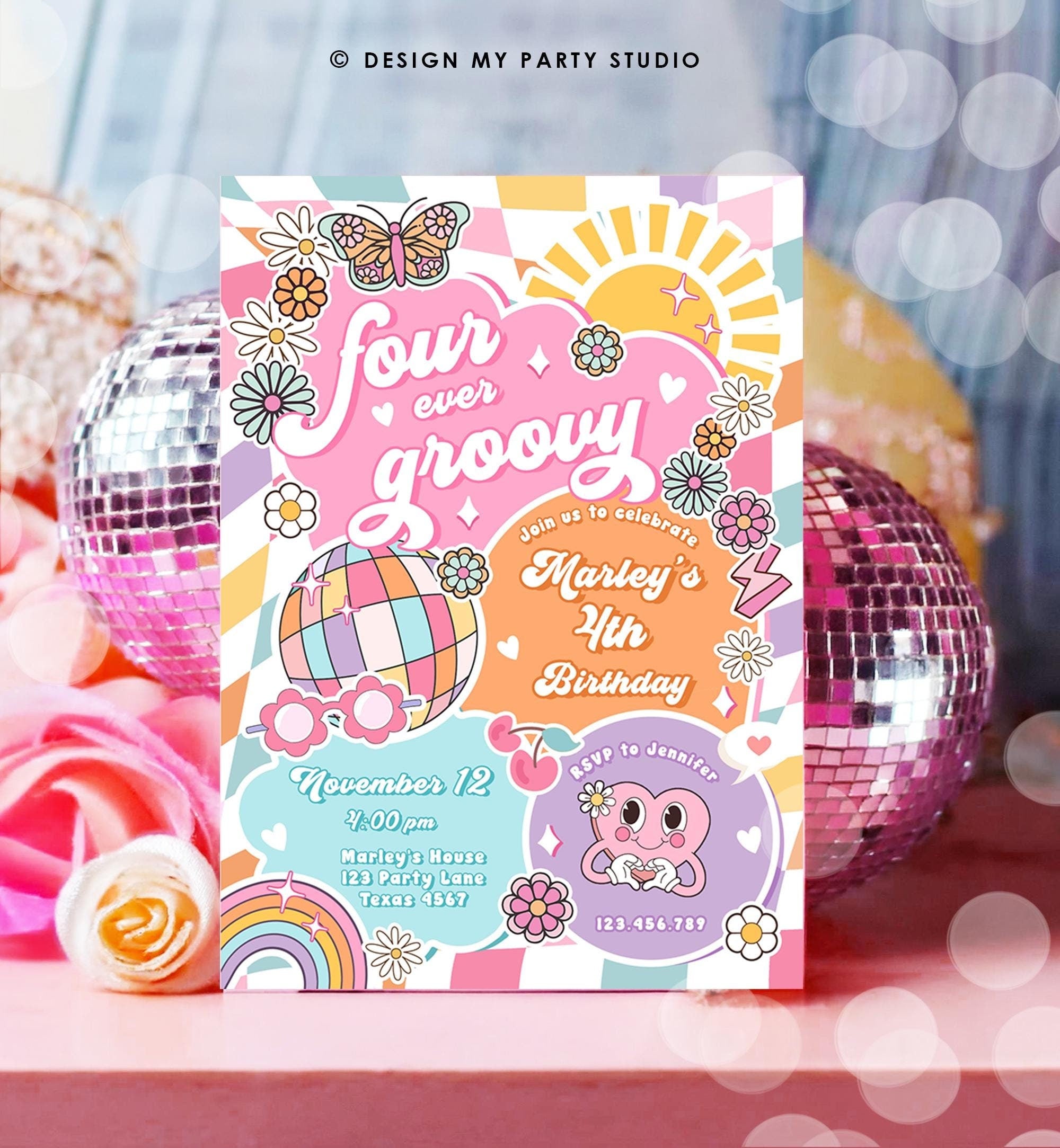 Editable Four Ever Groovy 4th Birthday Party Invitation Groovy Hippie Peace Preppy Varsity Disco Digital Evite Template Printable 0524