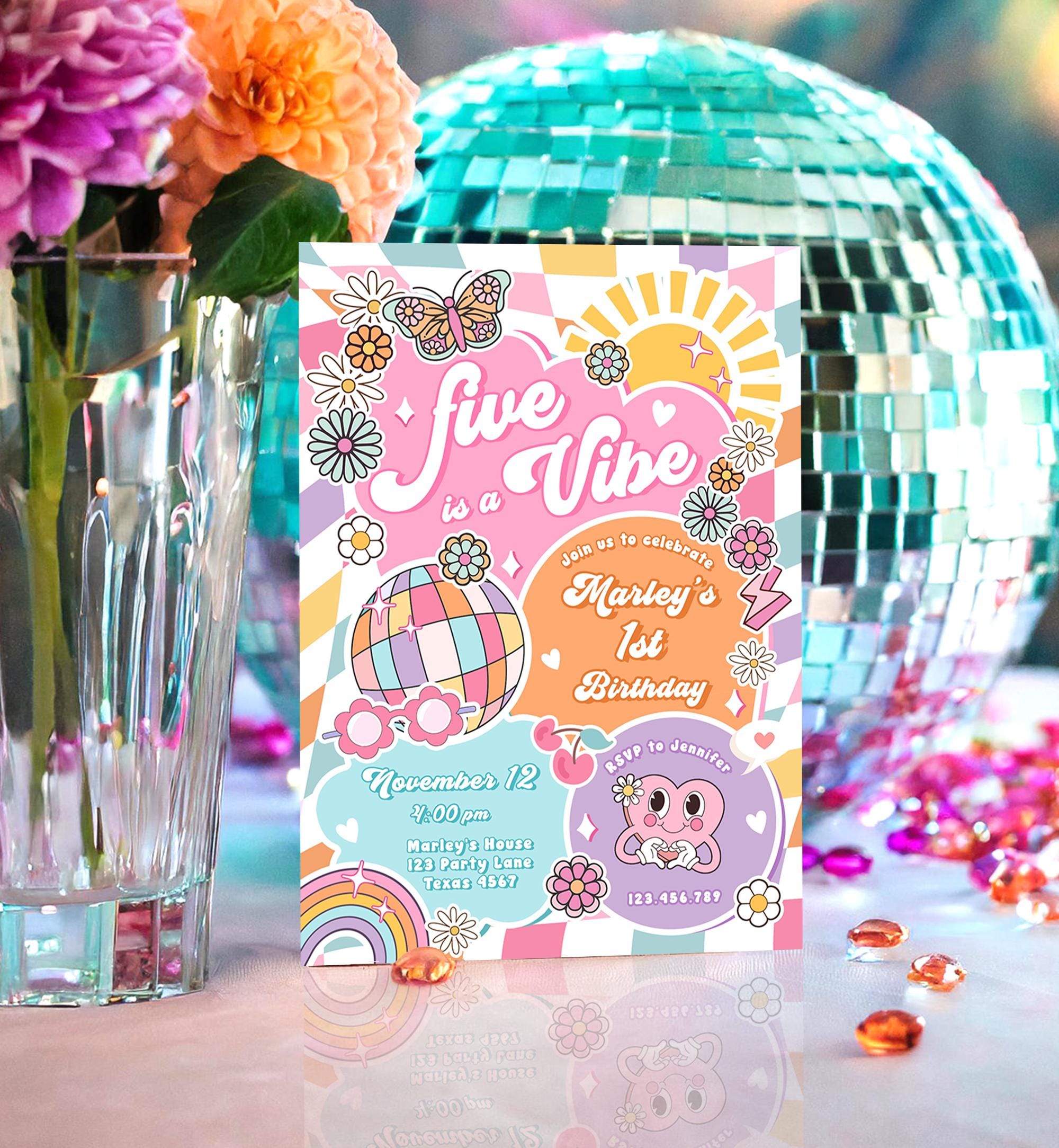 Editable Five is a Vibe Groovy 5th Birthday Party Invitation Groovy Hippie Peace Preppy Varsity Disco Digital Evite Template Printable 0524