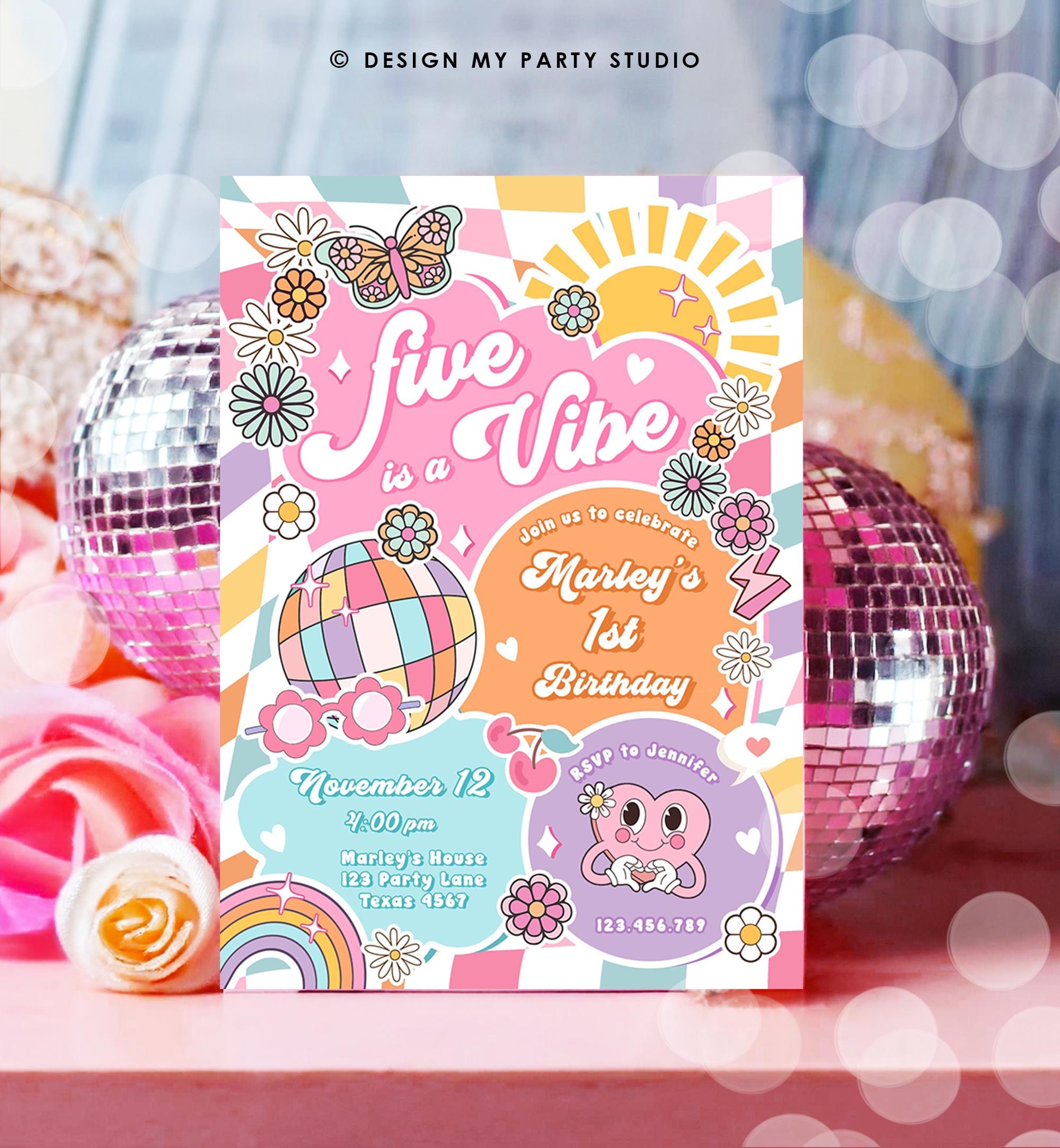 Editable Five is a Vibe Groovy 5th Birthday Party Invitation Groovy Hippie Peace Preppy Varsity Disco Digital Evite Template Printable 0524