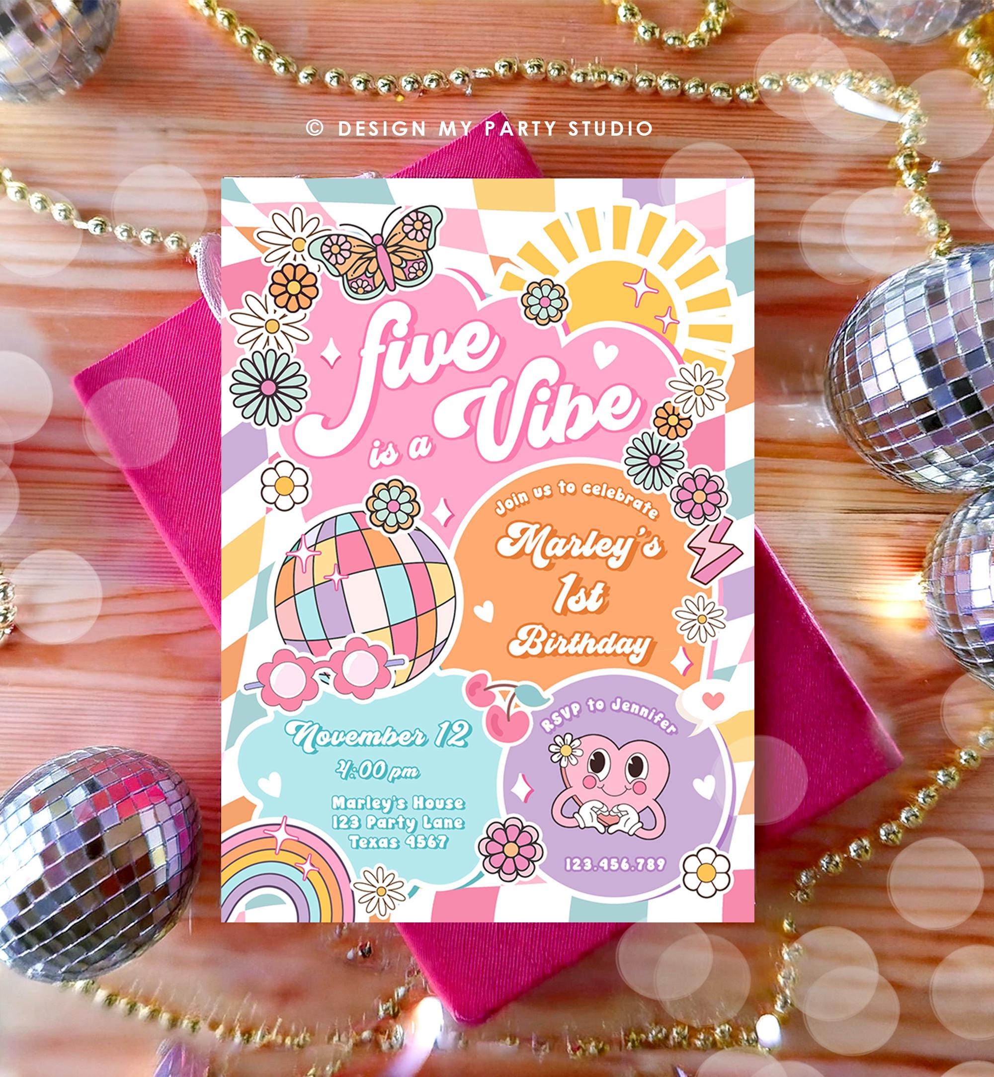 Editable Five is a Vibe Groovy 5th Birthday Party Invitation Groovy Hippie Peace Preppy Varsity Disco Digital Evite Template Printable 0524