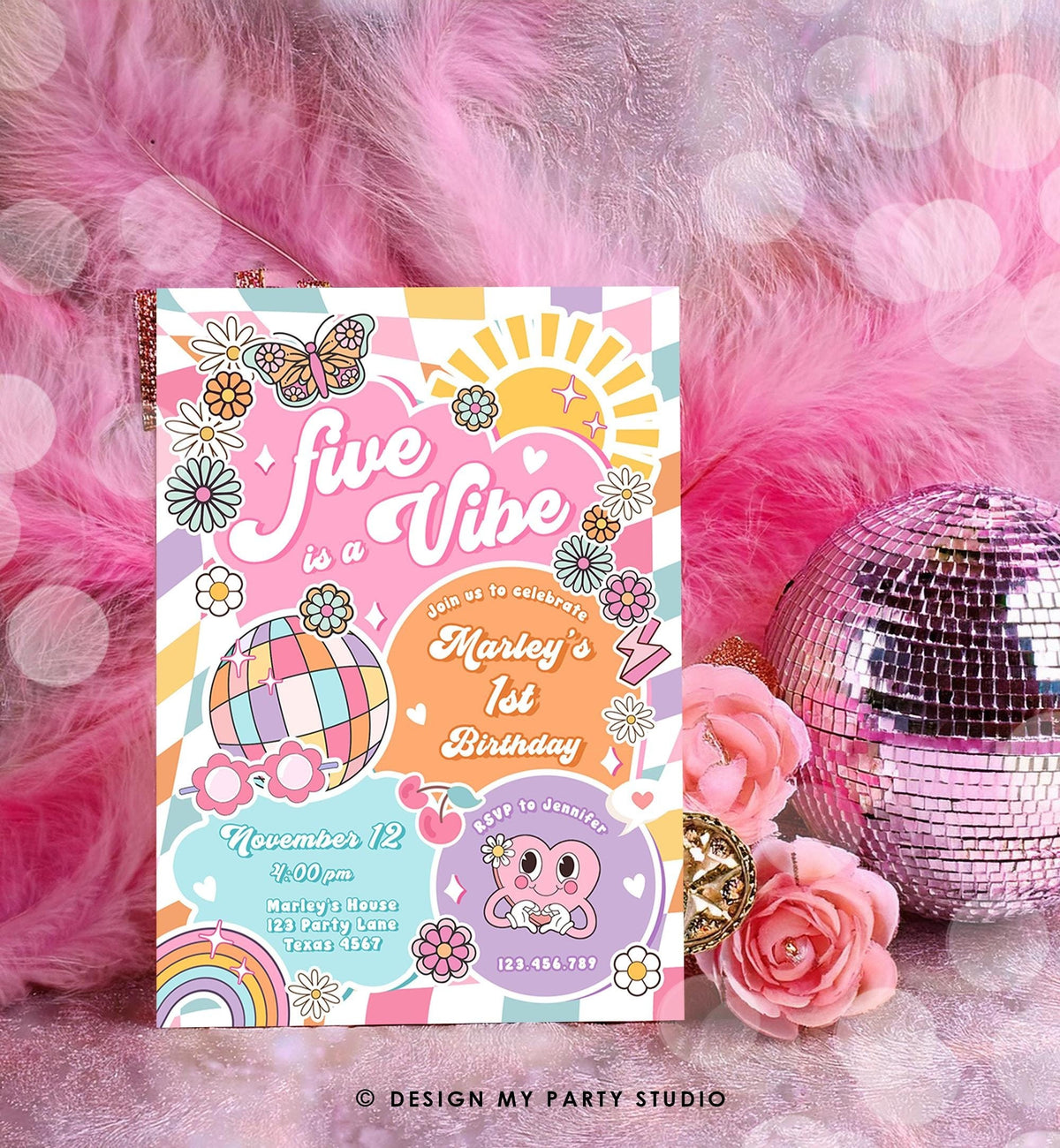 Editable Five is a Vibe Groovy 5th Birthday Party Invitation Groovy Hippie Peace Preppy Varsity Disco Digital Evite Template Printable 0524