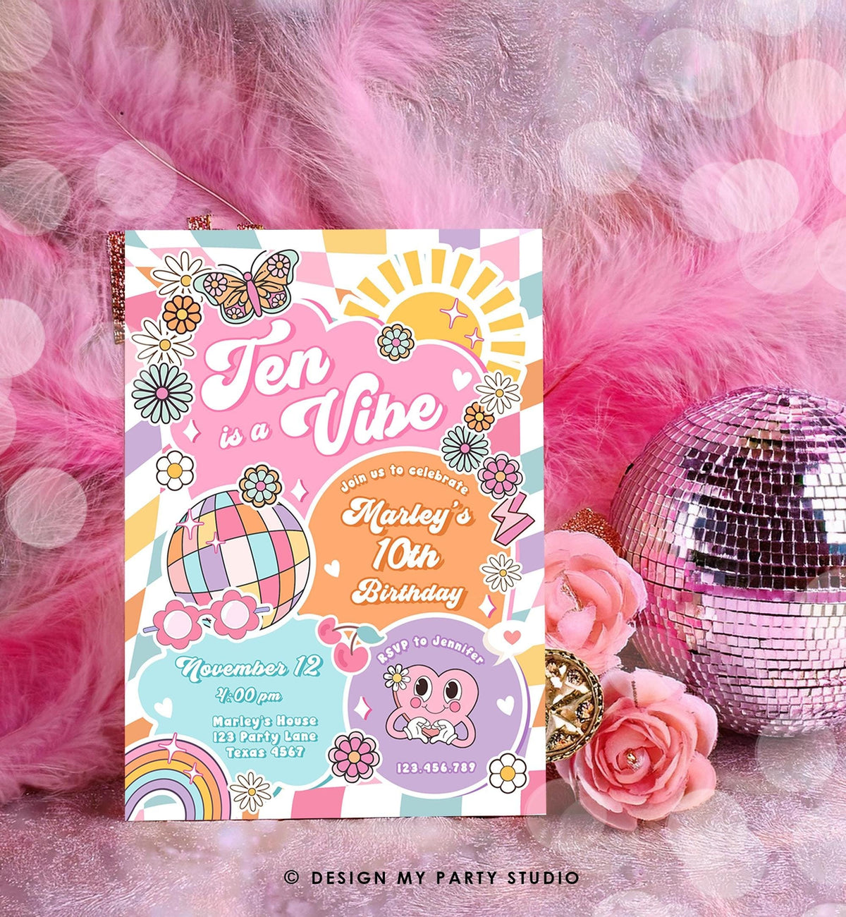 Editable Ten is a Vibe Groovy 10th Birthday Party Invitation Groovy Hippie Peace Preppy Varsity Disco Digital Evite Template Printable 0524