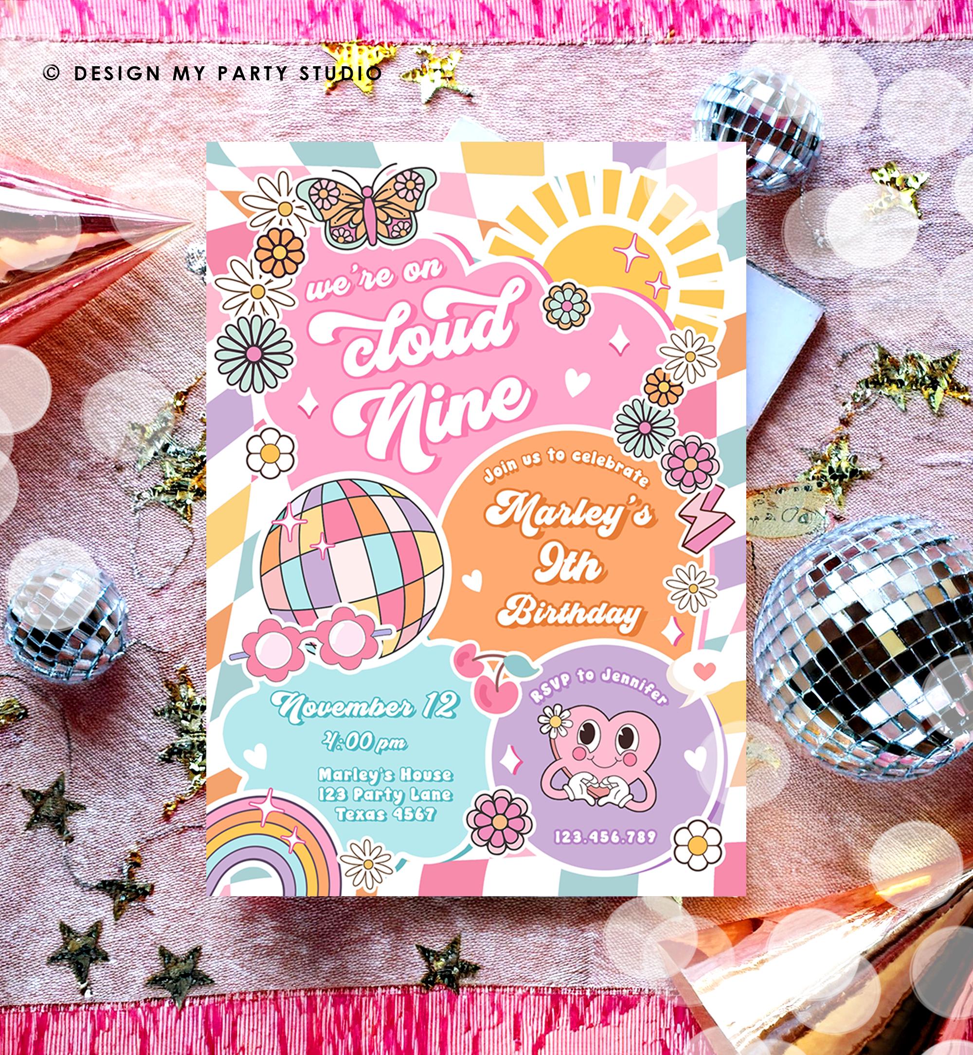 Editable We're on Cloud Nine Groovy 9th Birthday Party Invitation Groovy Hippie Peace Preppy Varsity Disco Digital Template Printable 0524