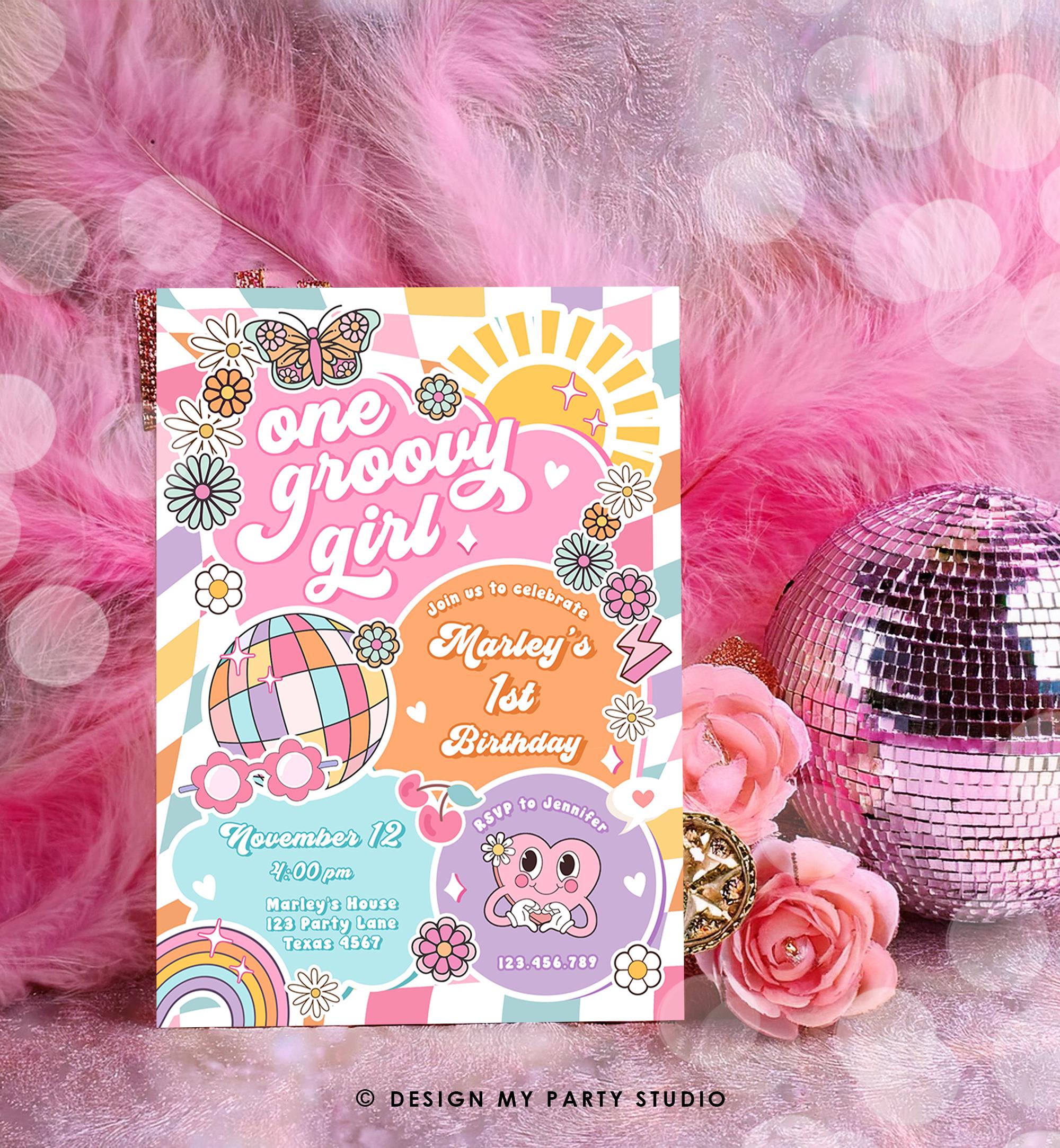 Editable One Groovy Girl 1st Birthday Party Invitation Groovy Hippie Peace Preppy Varsity Disco Digital Template Printable 0524