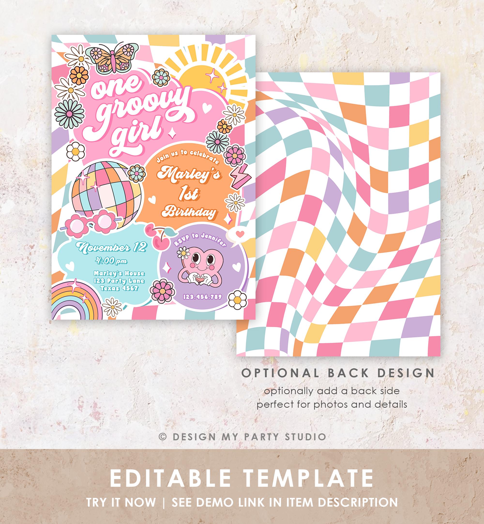 Editable One Groovy Girl 1st Birthday Party Invitation Groovy Hippie Peace Preppy Varsity Disco Digital Template Printable 0524