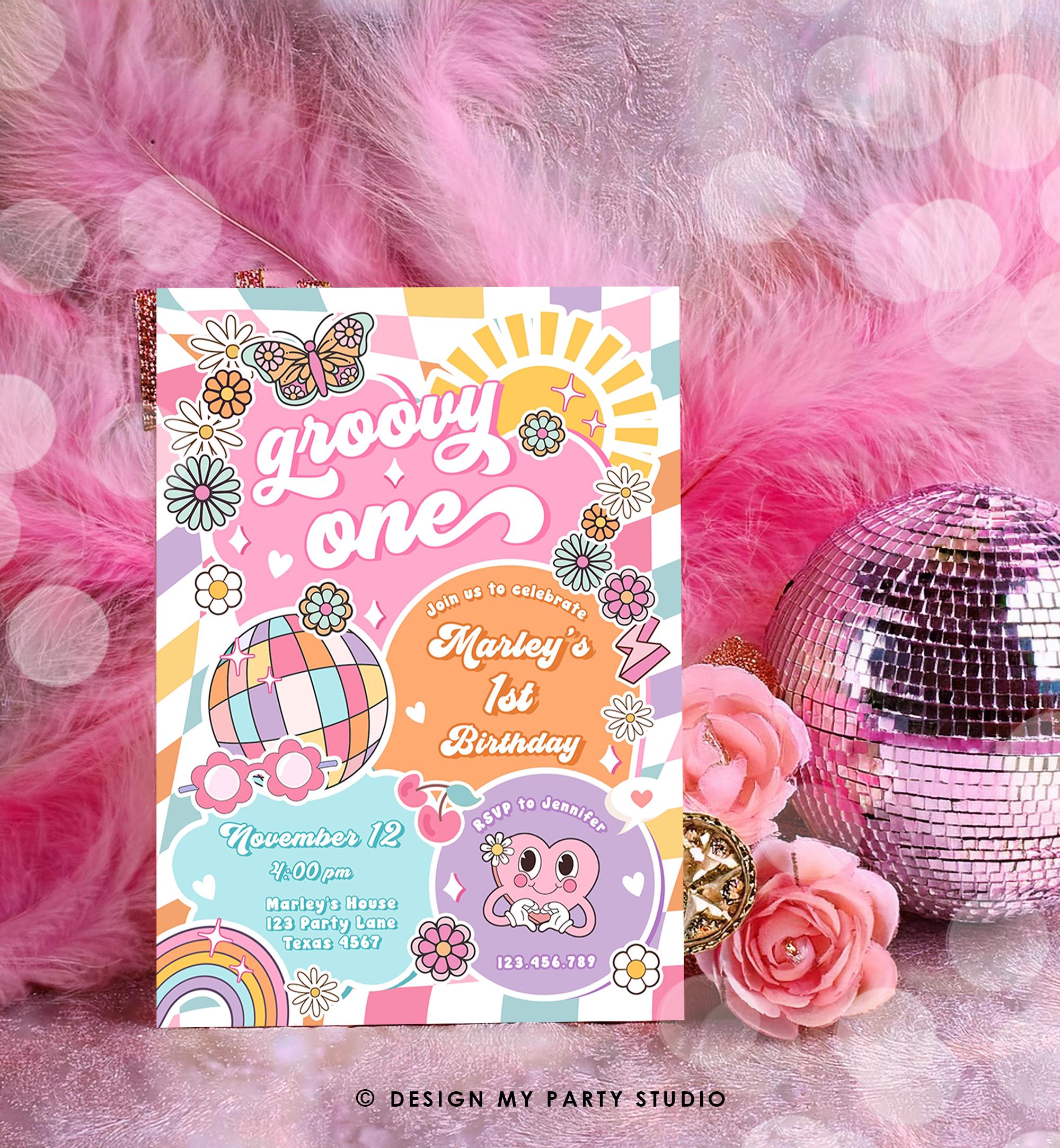 Editable Groovy One Girl 1st Birthday Party Invitation Groovy Hippie Peace Preppy Varsity Disco Digital Template Printable 0524