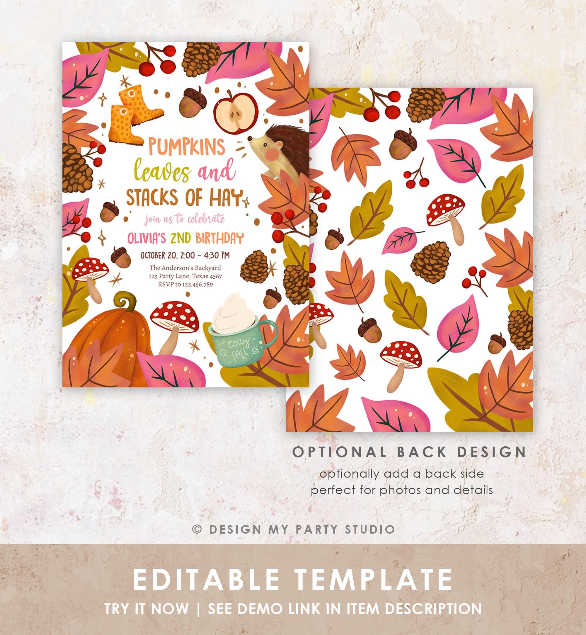 Editable Fall Birthday Invitation Little Pumpkin Patch Autumn Leaves Stacks of Hay Girl Pink Digital Download Template Evite Printable 0516