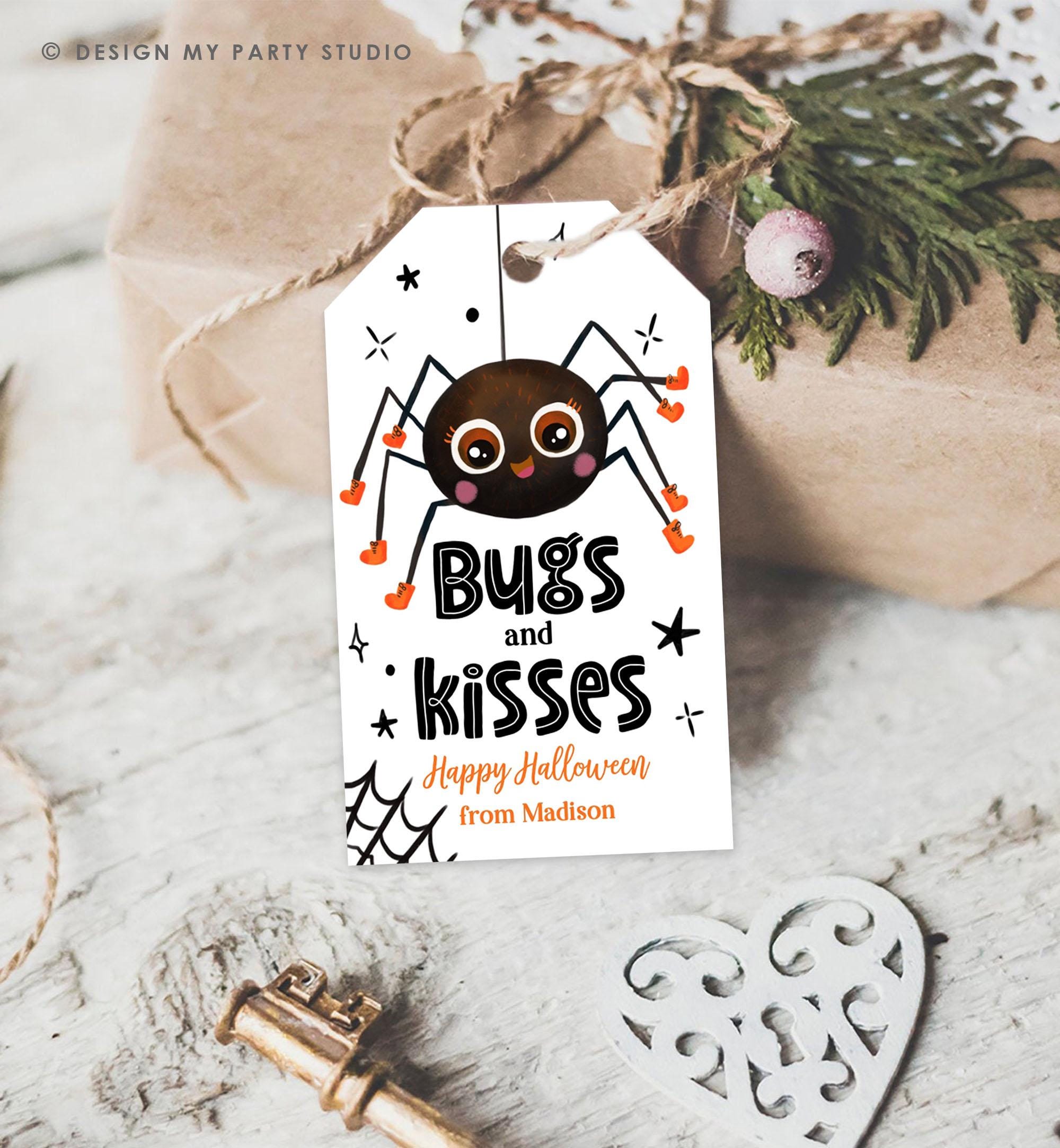 Editable Halloween Favor Tag Bugs and Kisses Gift Tag Costume Party Trick Or Treat Favor Tag Spider Download Printable Digital Template 0261