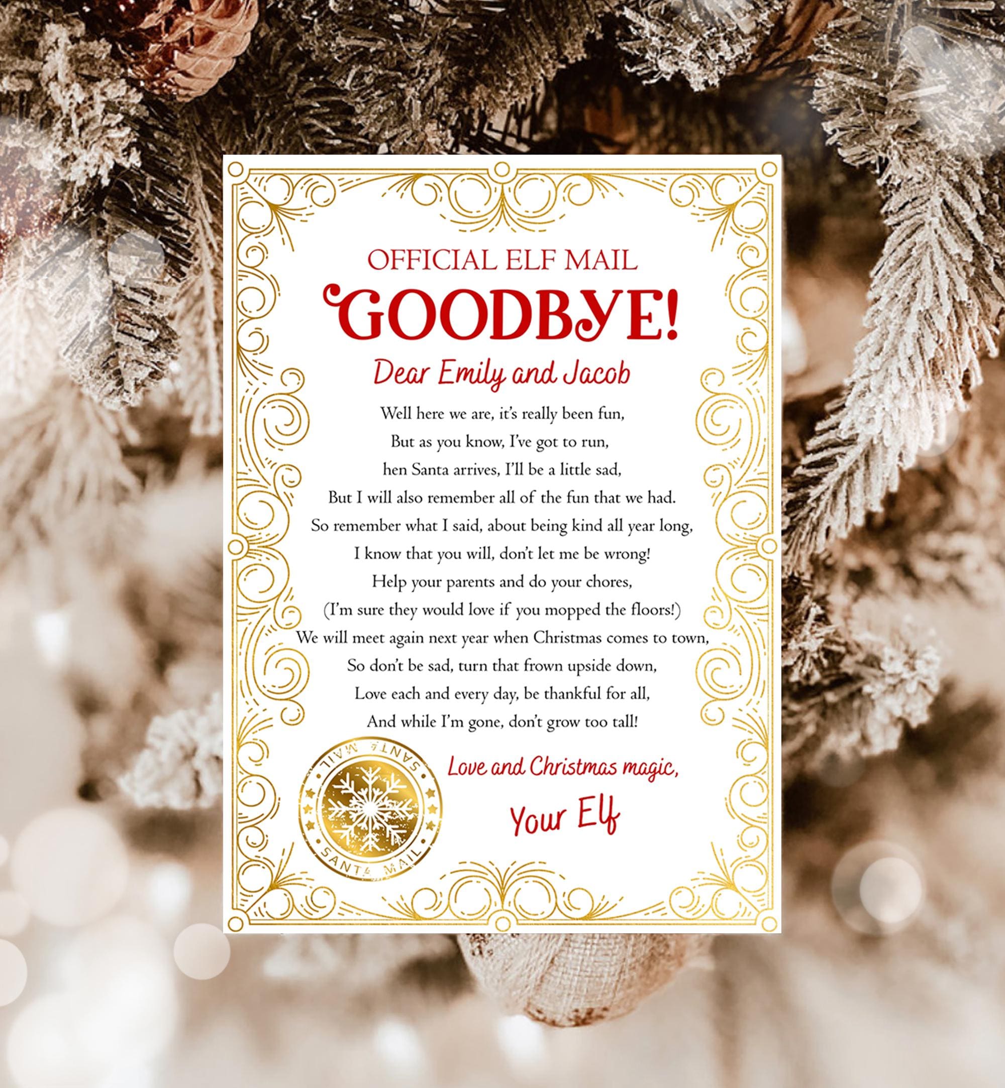 Editable Elf Goodbye Letter Departure Letter Christmas Goodbye from Your Elf Christmas Elf Santa Claus Poem Digital Template Printable 0523