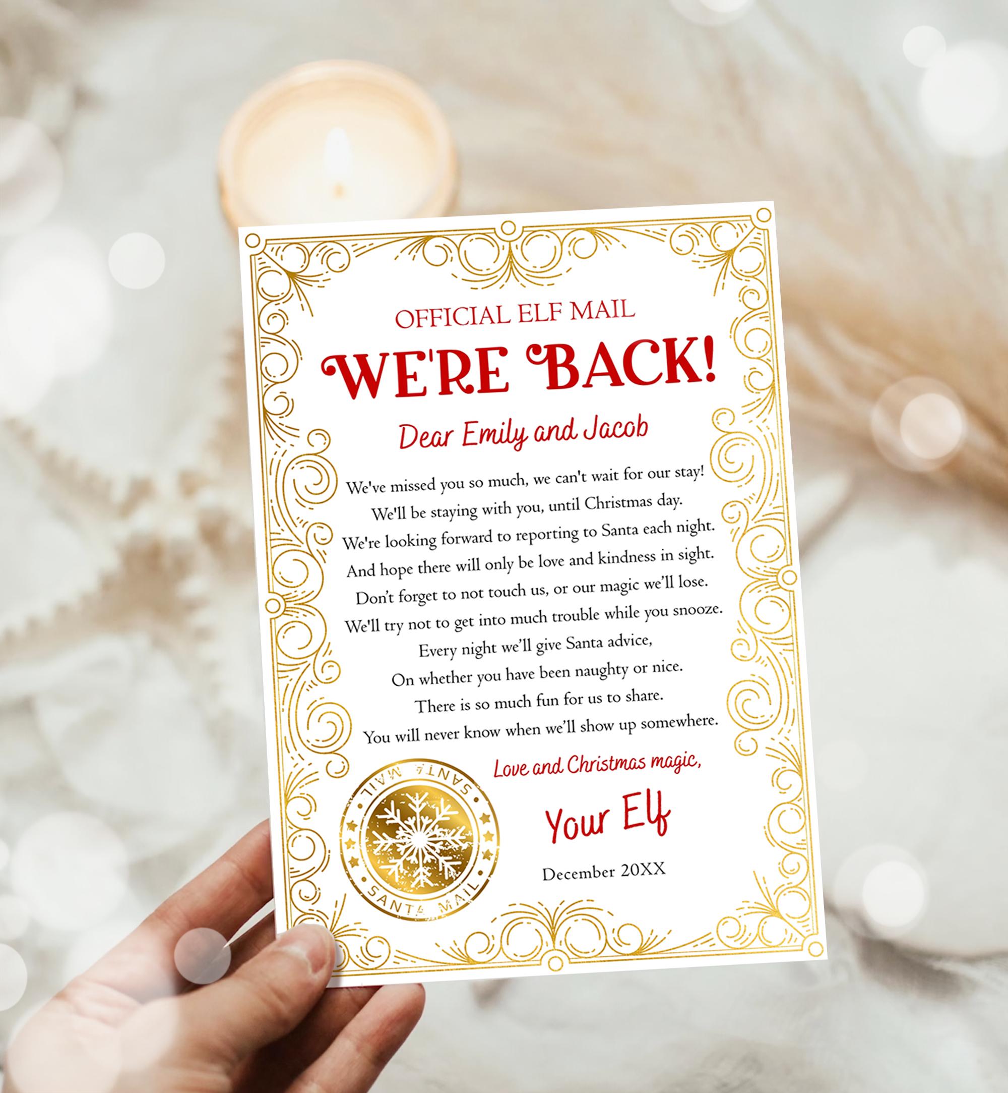 Editable We're Back Elf Arrival Letter Return Letter Christmas Elf Elf Welcome Hello from Elves Boy Girl Digital Template Printable 0523