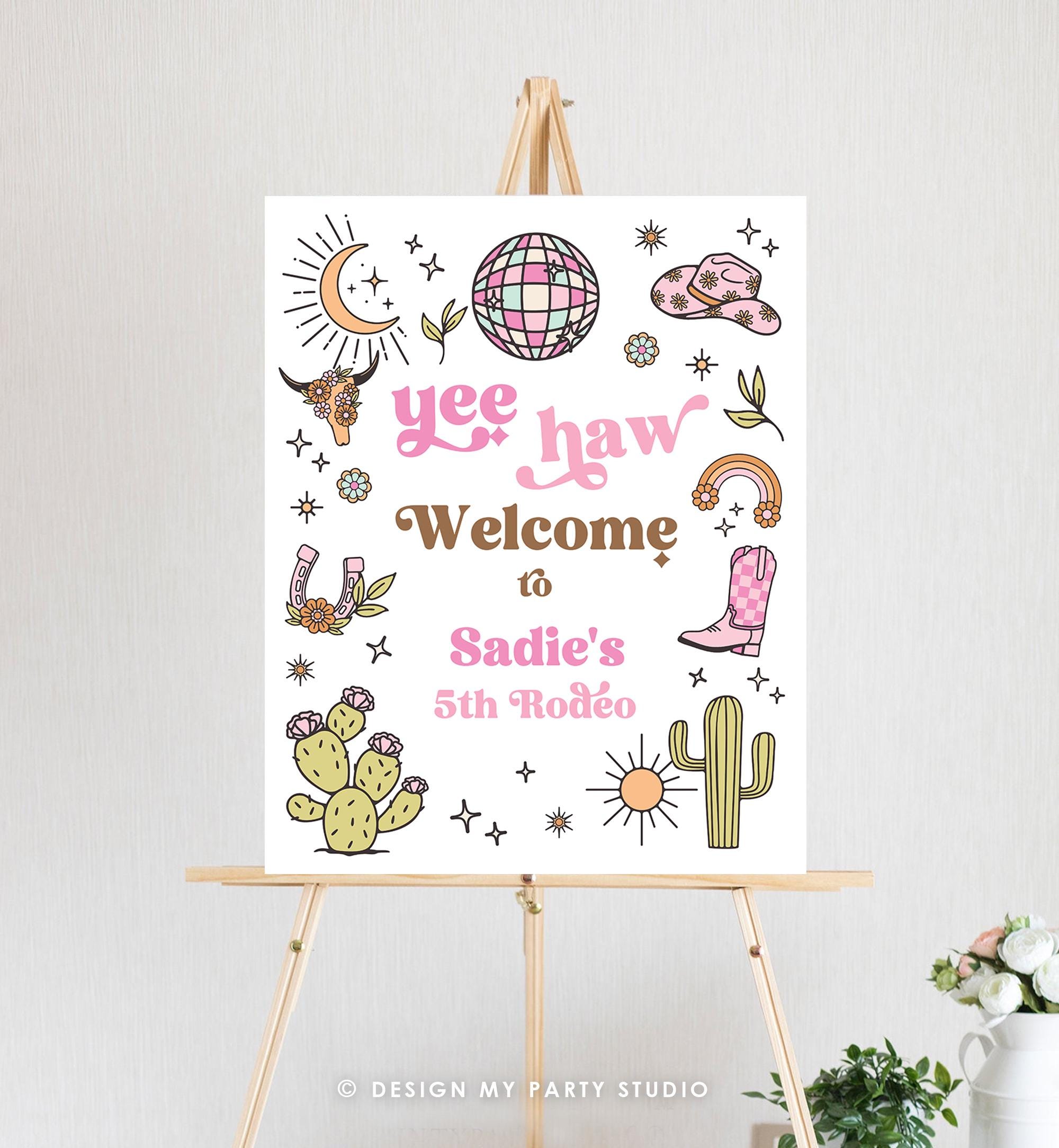 Editable Rodeo Cowgirl Welcome Sign Space Disco Cowgirl Birthday Door Sign Wild West Party Sign Poster Pink Digital Template Printable 0519