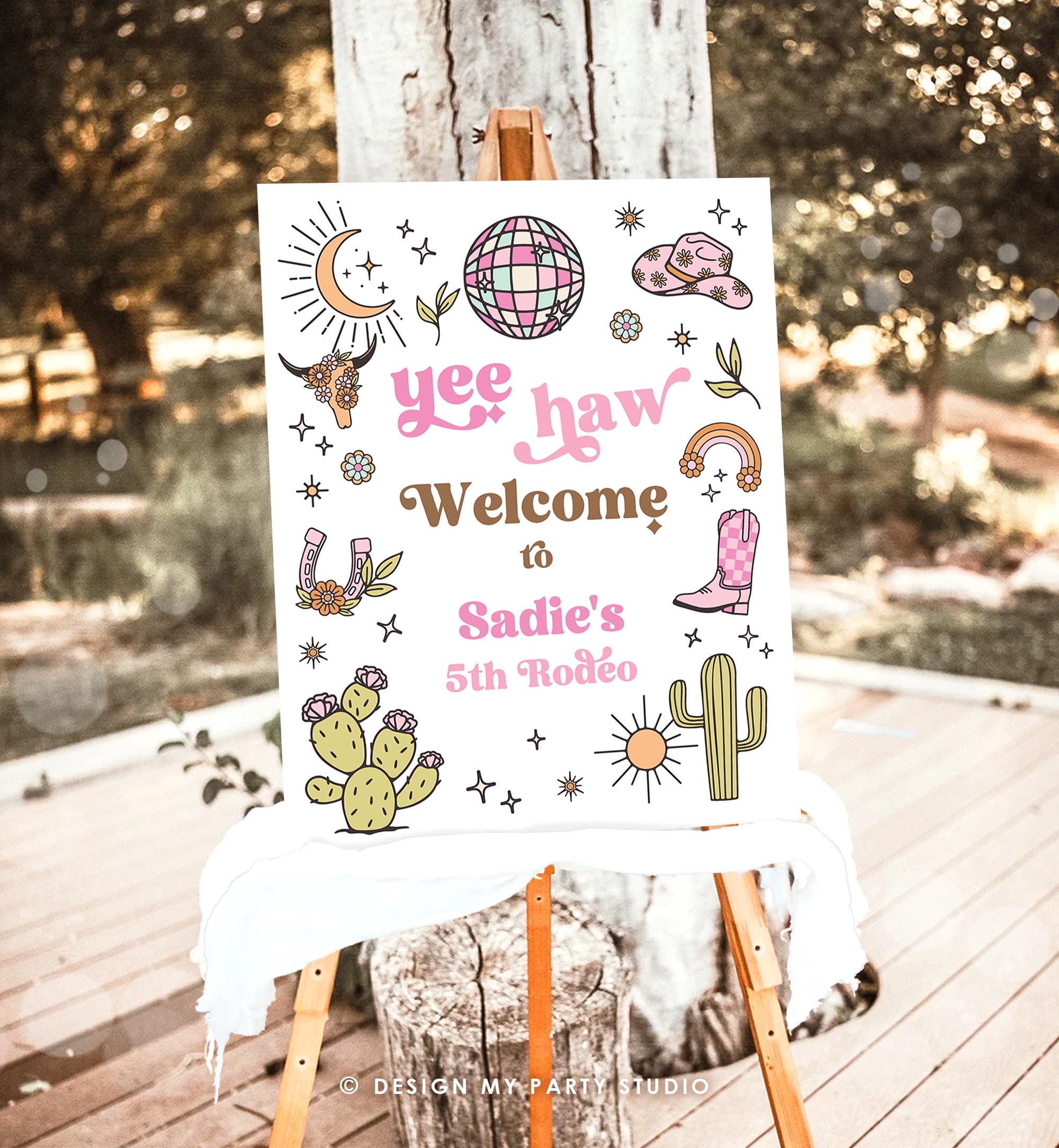 Editable Rodeo Cowgirl Welcome Sign Space Disco Cowgirl Birthday Door Sign Wild West Party Sign Poster Pink Digital Template Printable 0519