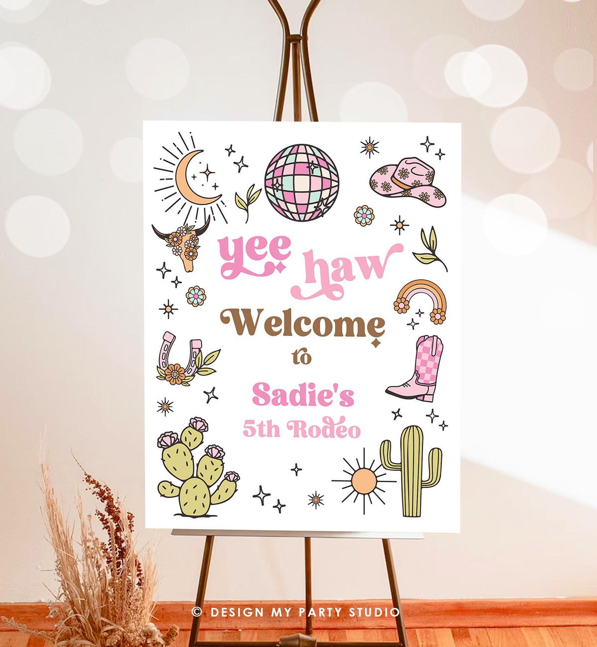 Editable Rodeo Cowgirl Welcome Sign Space Disco Cowgirl Birthday Door Sign Wild West Party Sign Poster Pink Digital Template Printable 0519