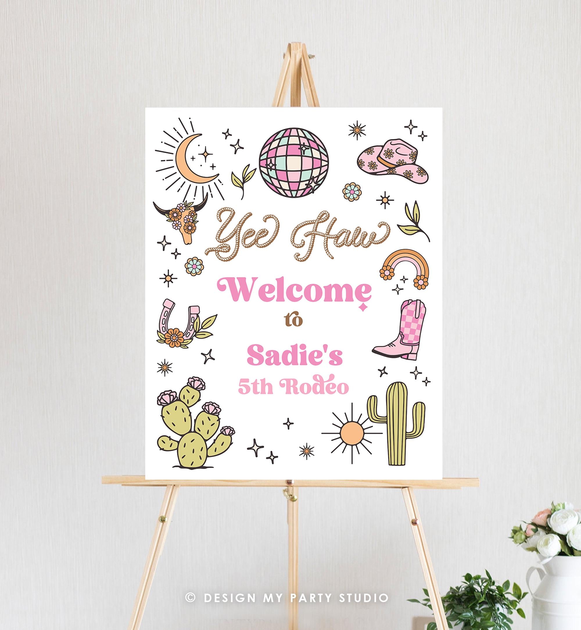 Editable Rodeo Cowgirl Welcome Sign Space Disco Cowgirl Birthday Door Sign Wild West Party Sign Poster Pink Digital Template Printable 0519