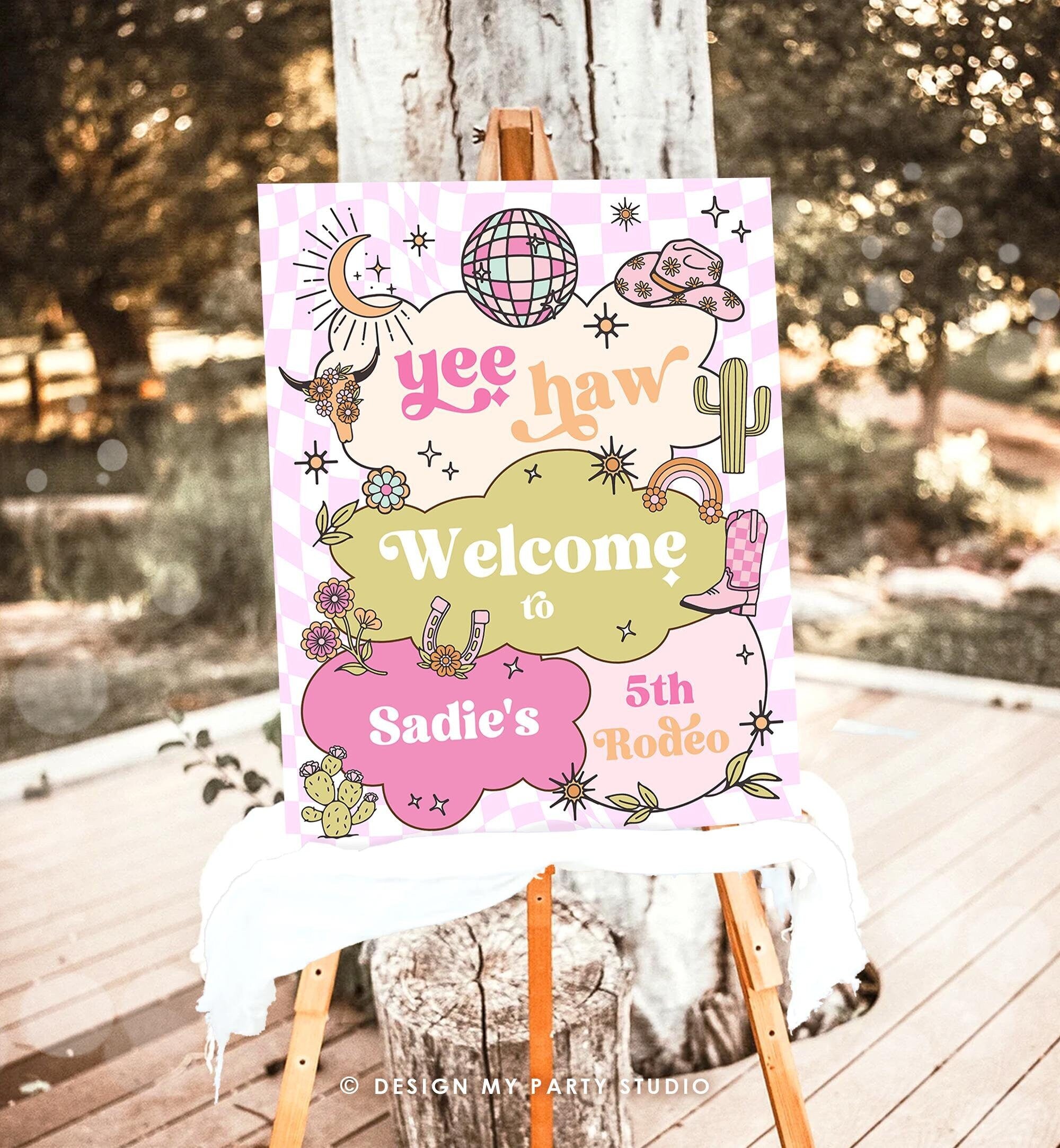 Editable Rodeo Cowgirl Welcome Sign Space Disco Cowgirl Birthday Door Sign Wild West Party Sign Poster Pink Digital Template Printable 0519