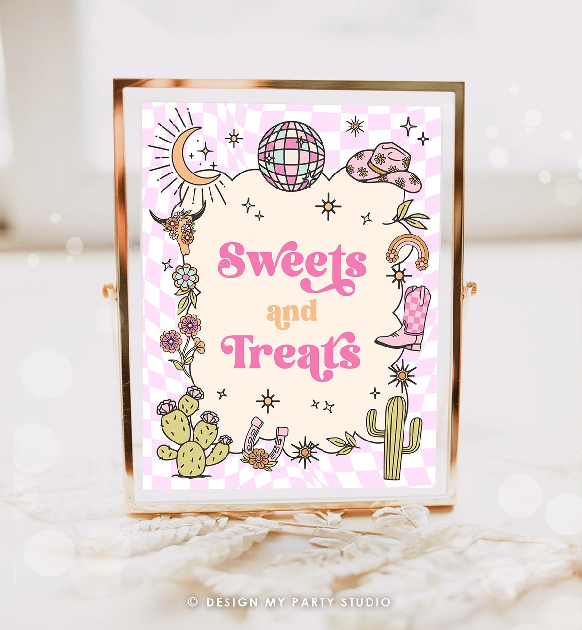 Sweets and Treats Sign Space Cowgirl Birthday Party Sign Disco Cowgirl Sign Pink Rodeo Party Nashville Wild West Country Printable 0519