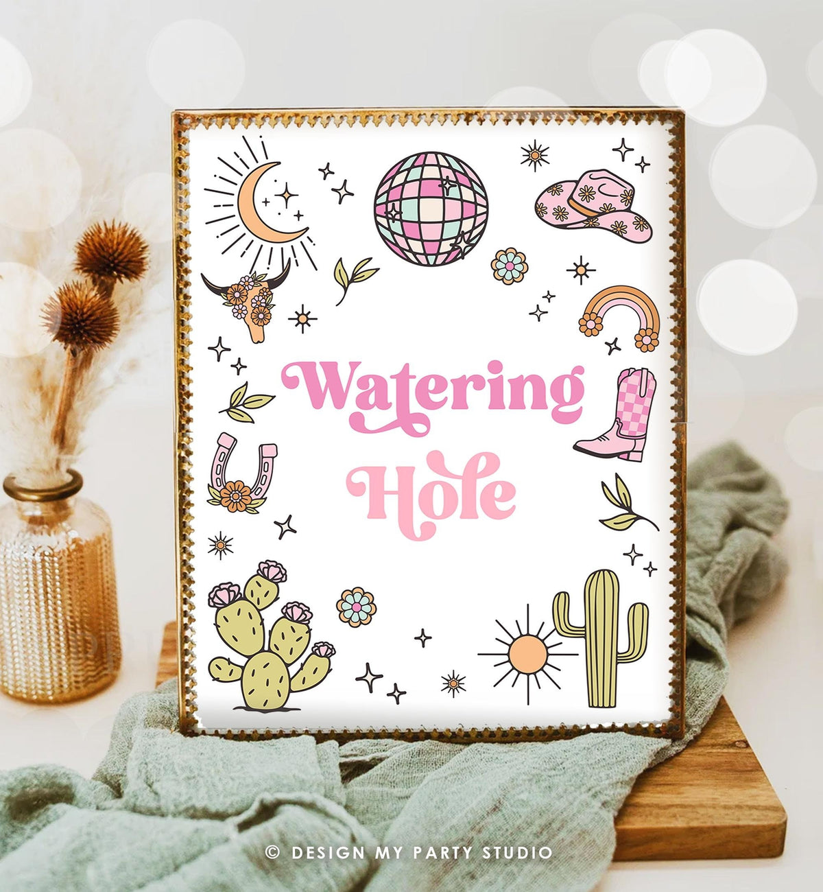 Watering Hole Sign Space Cowgirl Birthday Party Sign Drinks Disco Cowgirl Sign Pink Rodeo Party Nashville Wild West Country Printable 0519