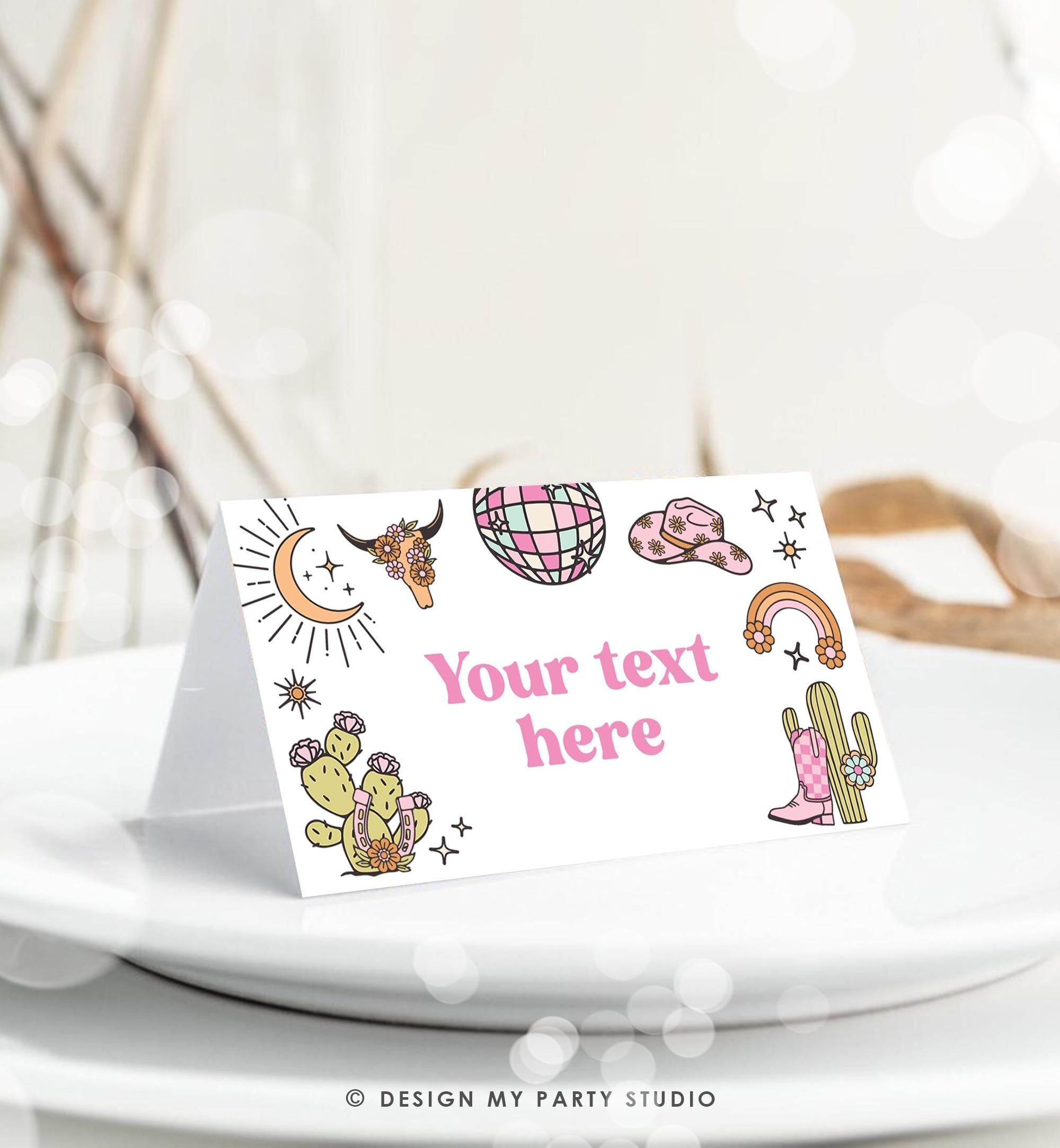 Editable Retro Cowgirl Food Labels Disco Covwgirl Birthday Food Cards Tent Card Girl Pink Nashville Rodeo Buffet Label Template Corjl 0519